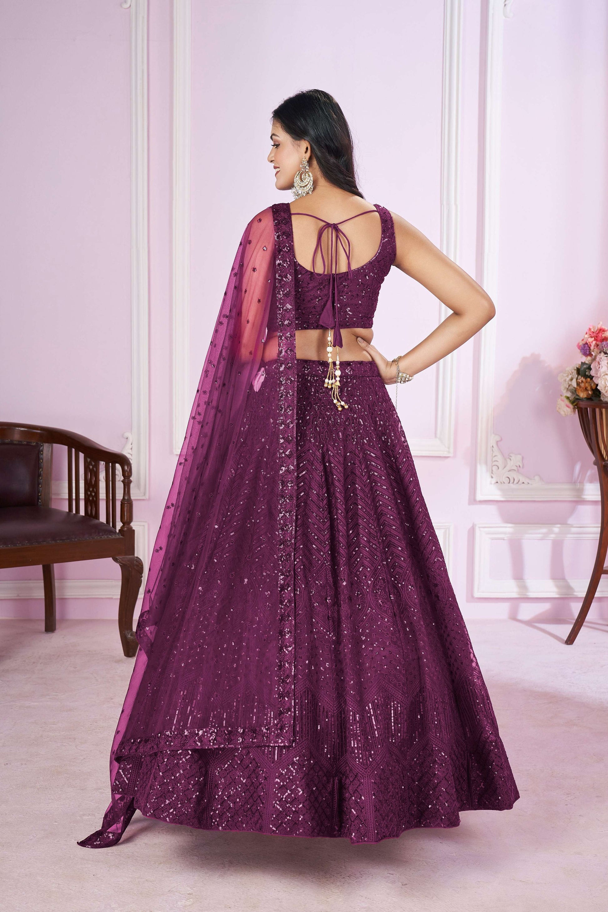 Jyoti Fashion Women's Wine Soft Net Sequins Thread Embroidered Lehenga Choli & Dupatta | Swadesiicart
