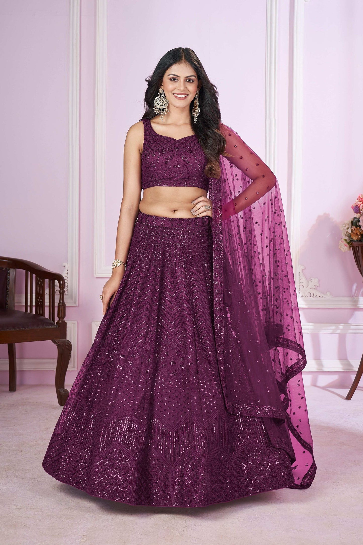 Jyoti Fashion Women's Wine Soft Net Sequins Thread Embroidered Lehenga Choli & Dupatta | Swadesiicart