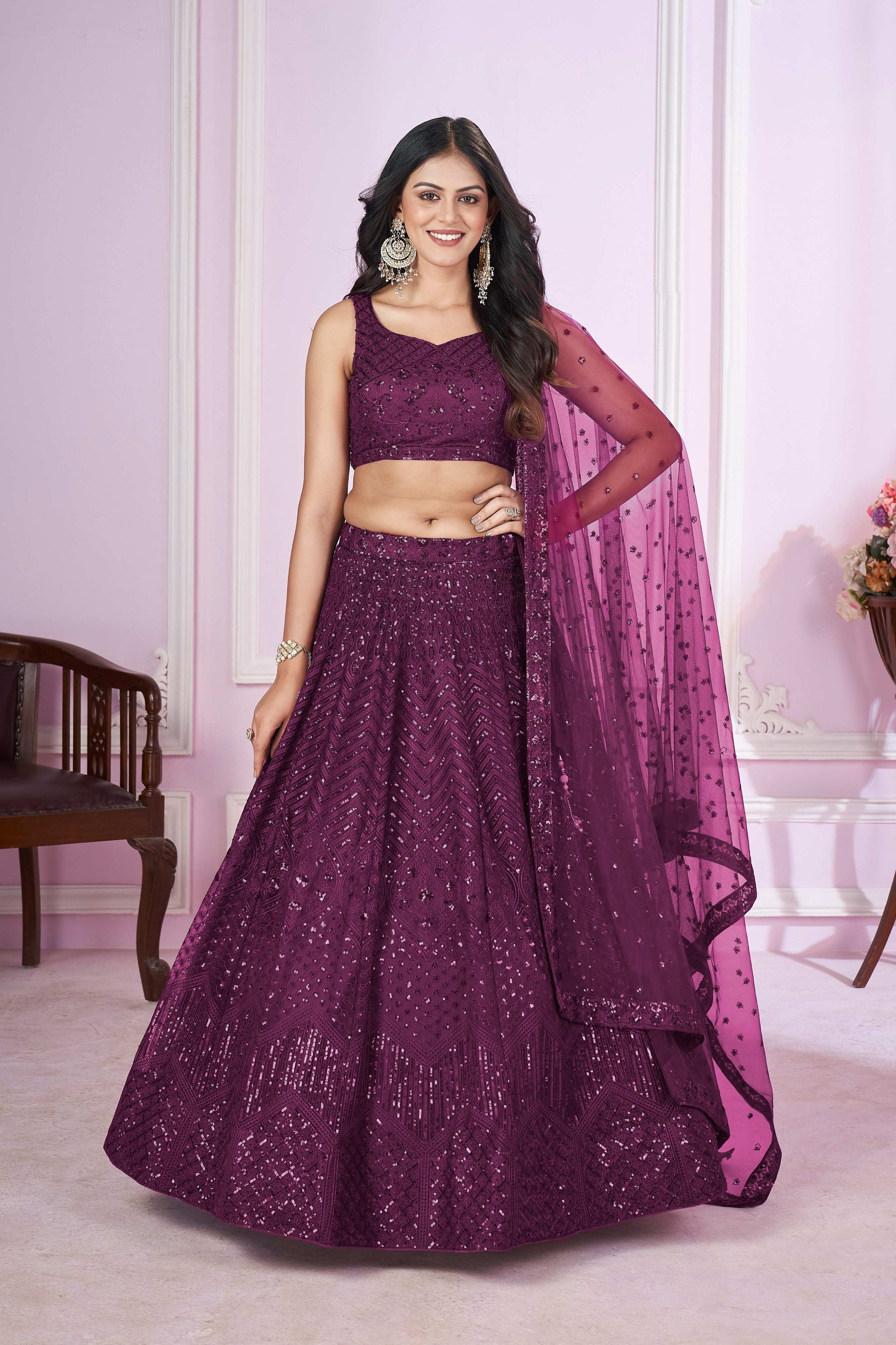 Jyoti Fashion Women's Wine Soft Net Sequins Thread Embroidered Lehenga Choli & Dupatta | Swadesiicart