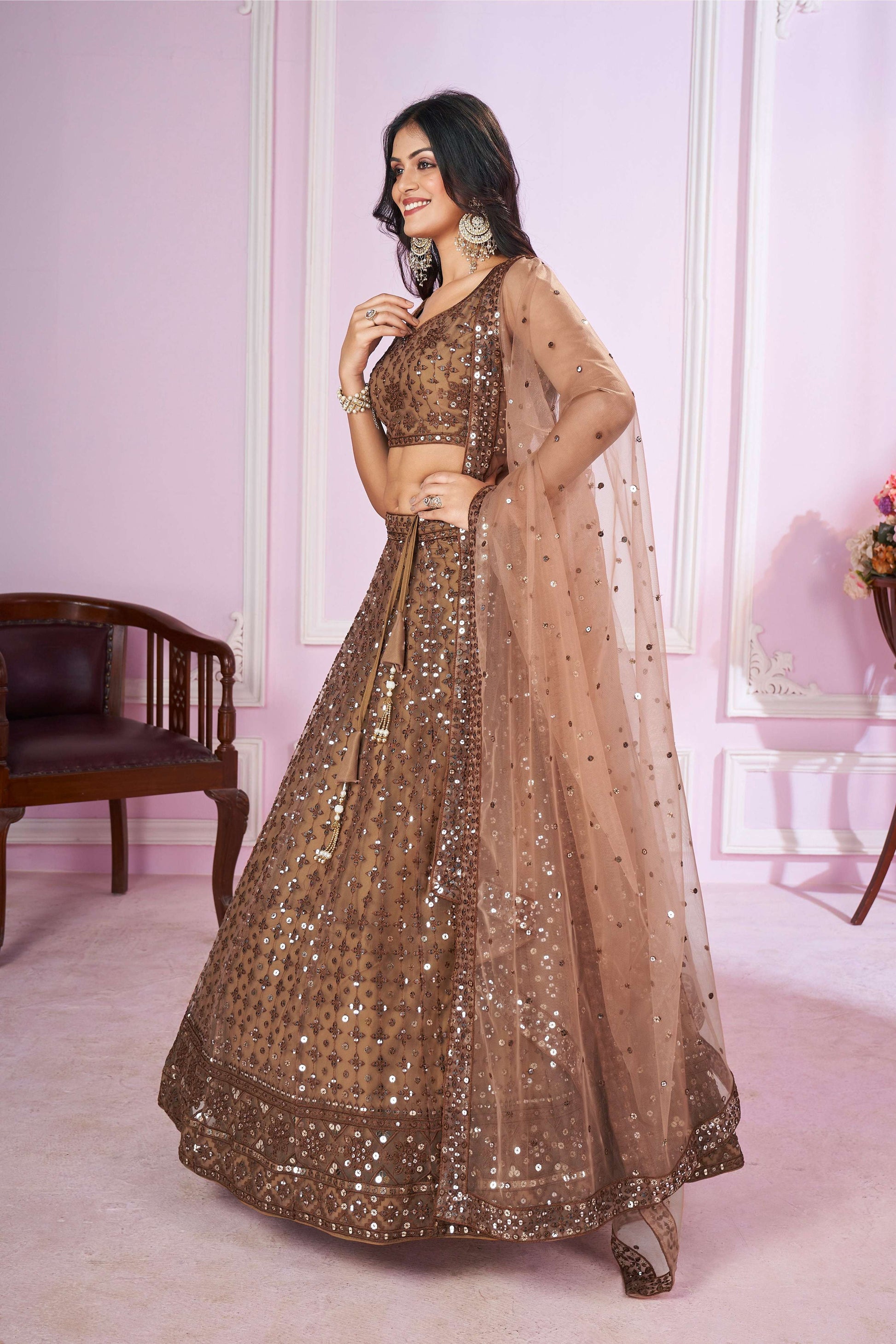 Jyoti Fashion Women's Brown Soft Net Sequins Thread Embroidered Lehenga Choli & Dupatta | Swadesiicart