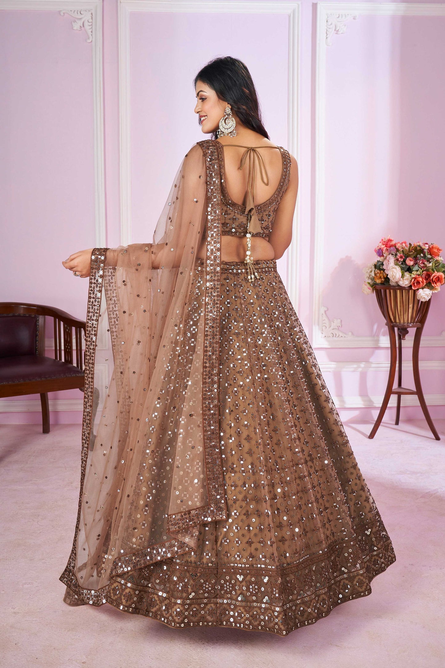 Jyoti Fashion Women's Brown Soft Net Sequins Thread Embroidered Lehenga Choli & Dupatta | Swadesiicart