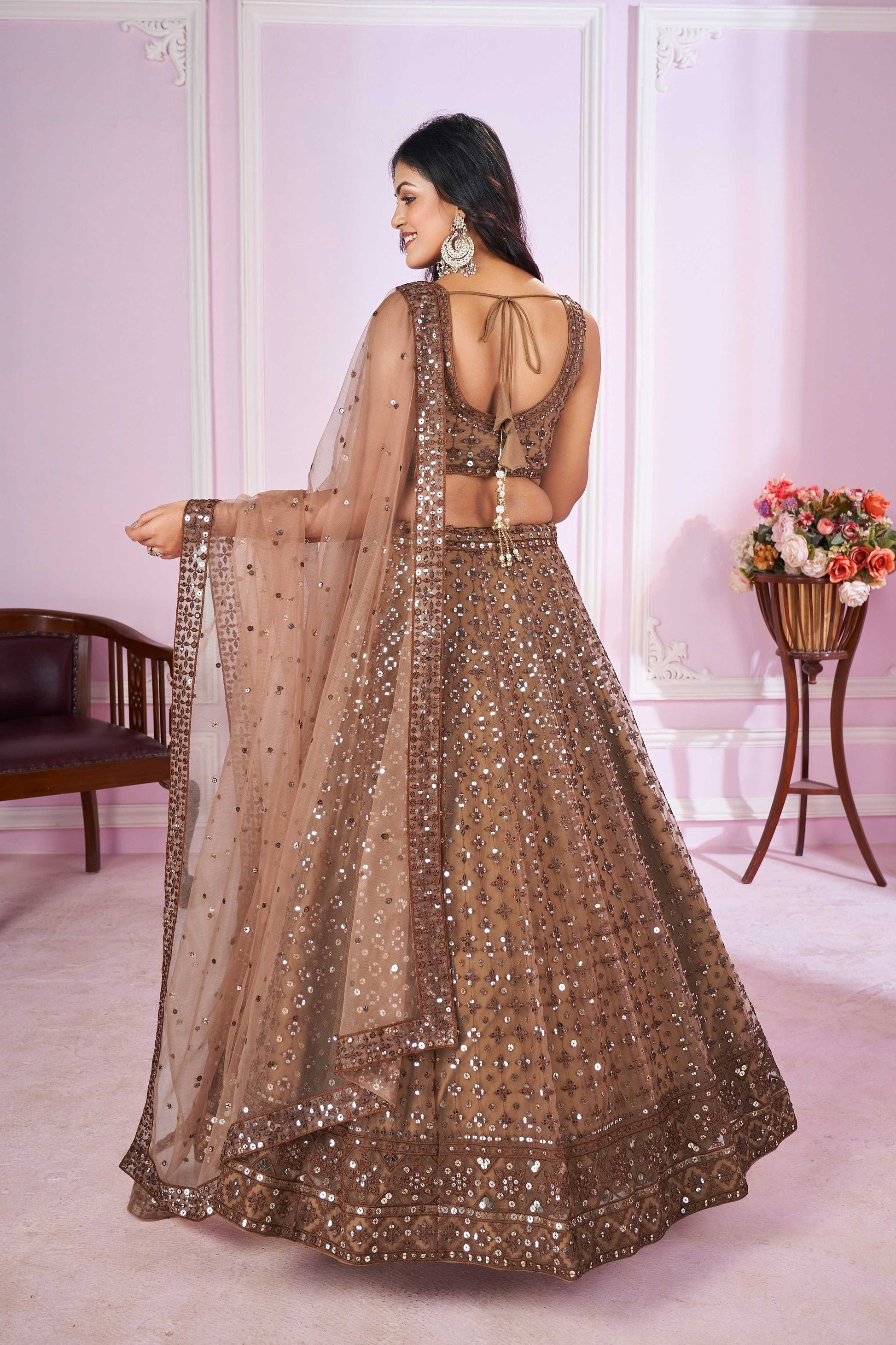 Jyoti Fashion Women's Brown Soft Net Sequins Thread Embroidered Lehenga Choli & Dupatta | Swadesiicart
