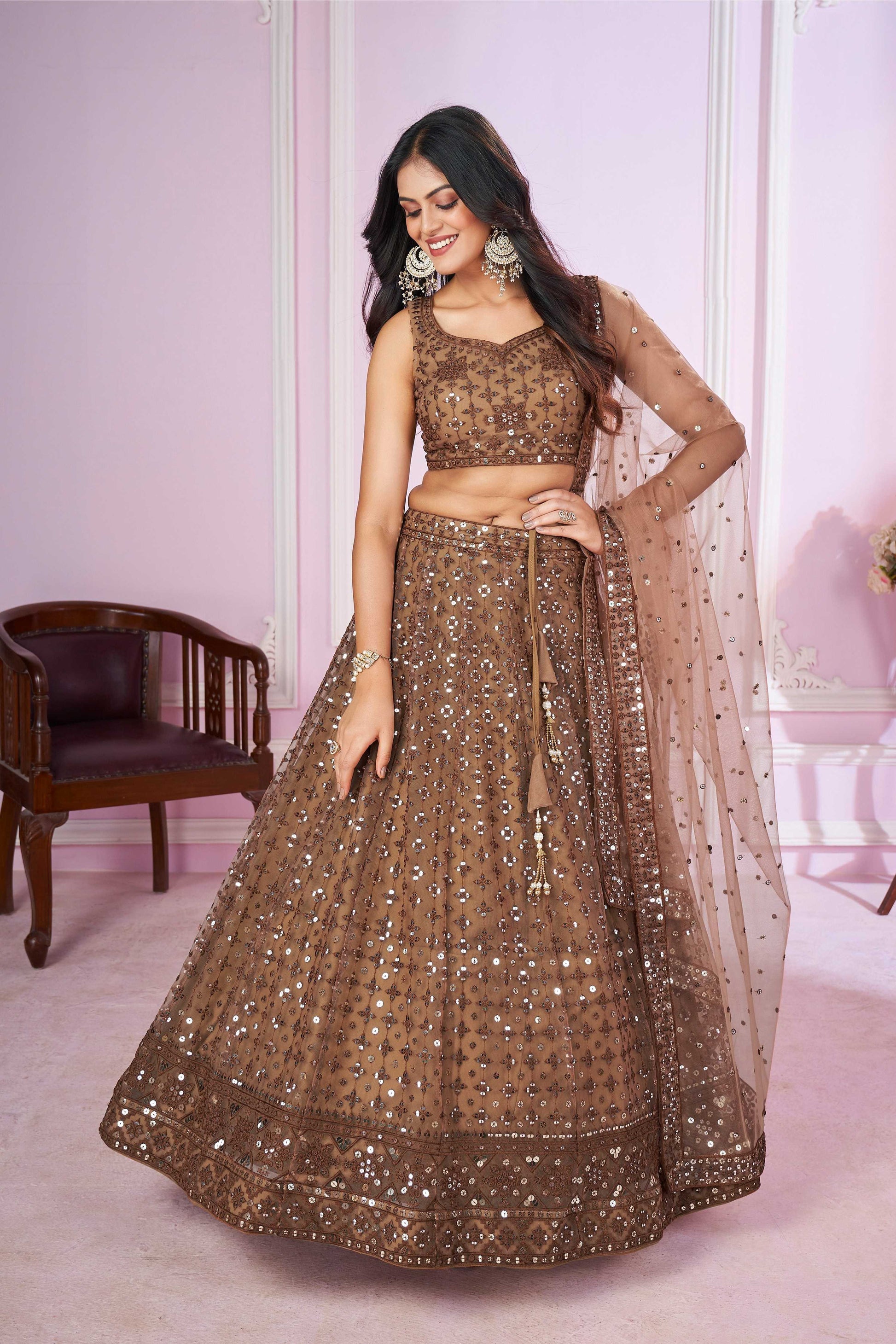 Jyoti Fashion Women's Brown Soft Net Sequins Thread Embroidered Lehenga Choli & Dupatta | Swadesiicart