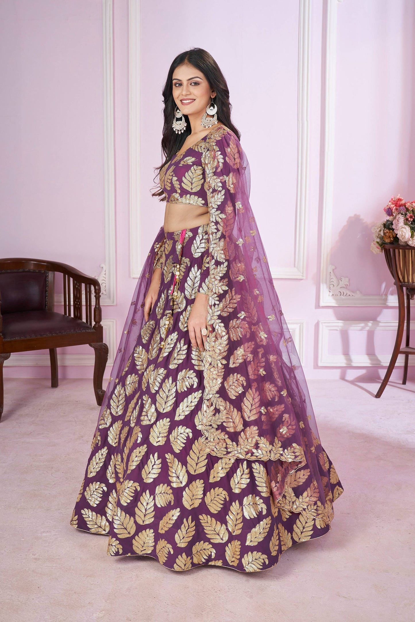 Jyoti Fashion Women's Purple Georgette Sequins Zari Embroidered Lehenga Choli & Dupatta | Swadesiicart