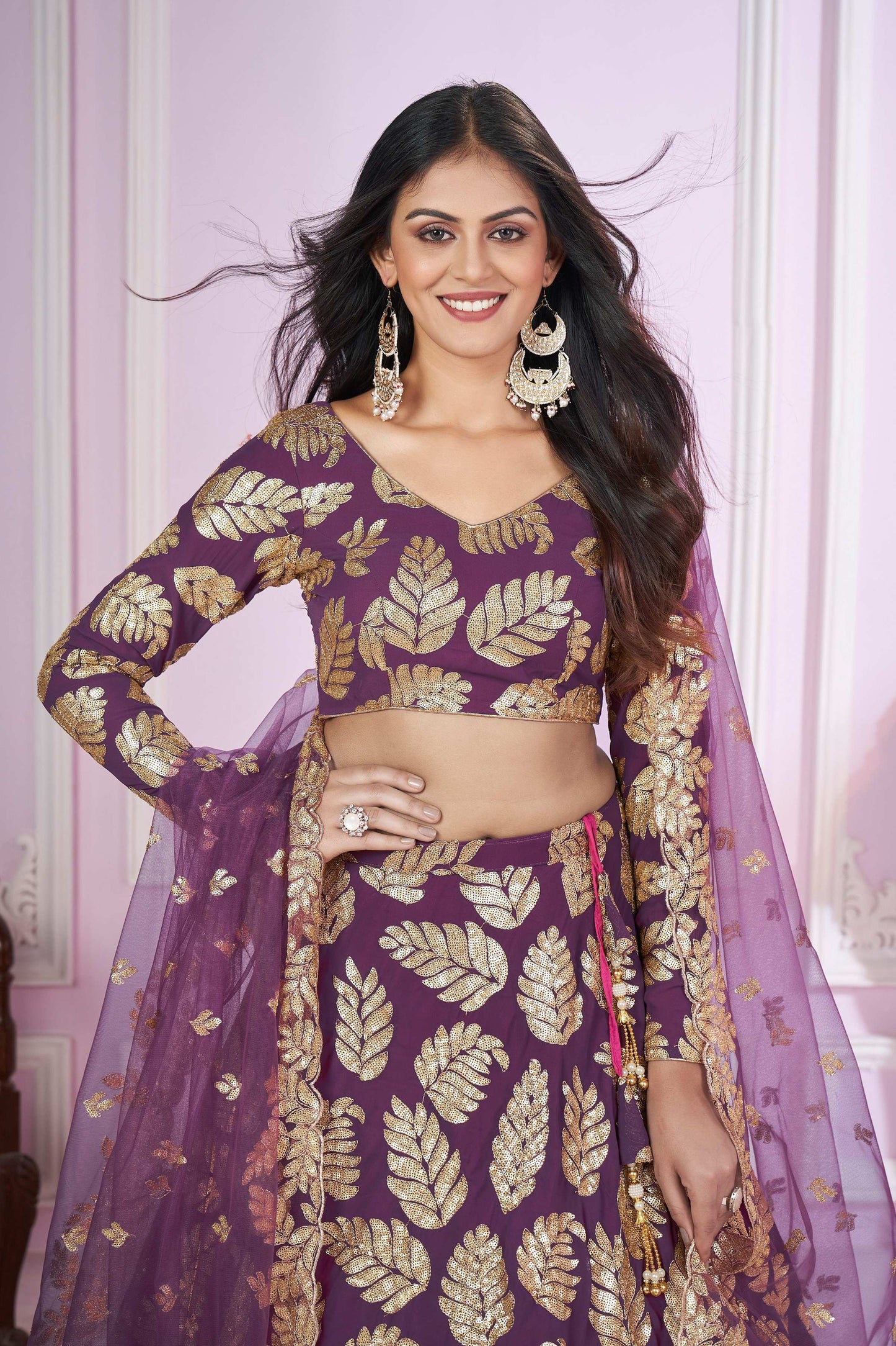 Jyoti Fashion Women's Purple Georgette Sequins Zari Embroidered Lehenga Choli & Dupatta | Swadesiicart