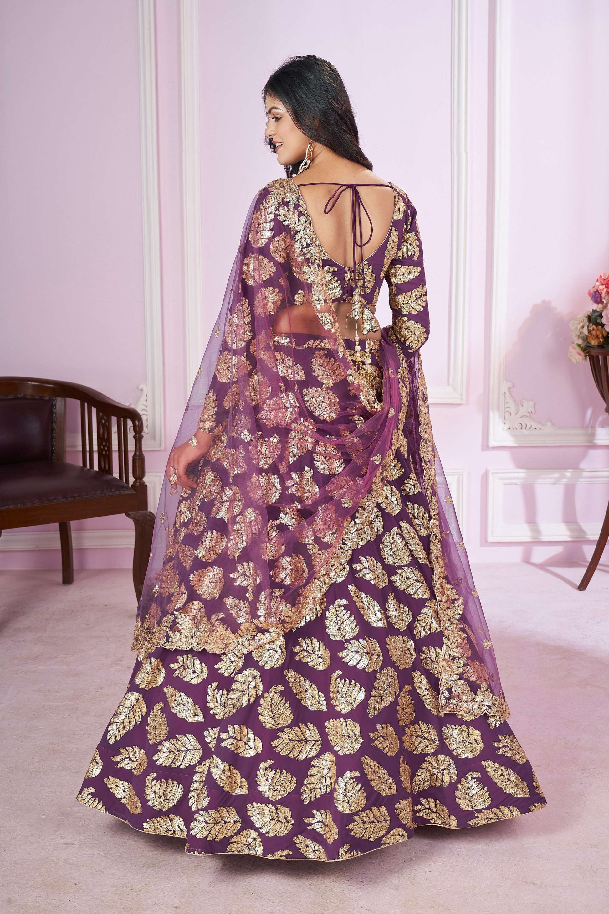 Jyoti Fashion Women's Purple Georgette Sequins Zari Embroidered Lehenga Choli & Dupatta | Swadesiicart