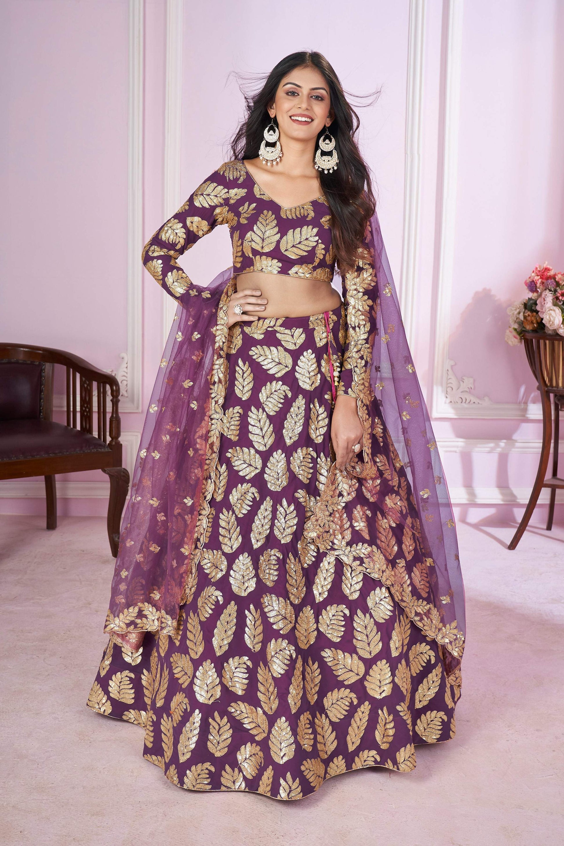 Jyoti Fashion Women's Purple Georgette Sequins Zari Embroidered Lehenga Choli & Dupatta | Swadesiicart