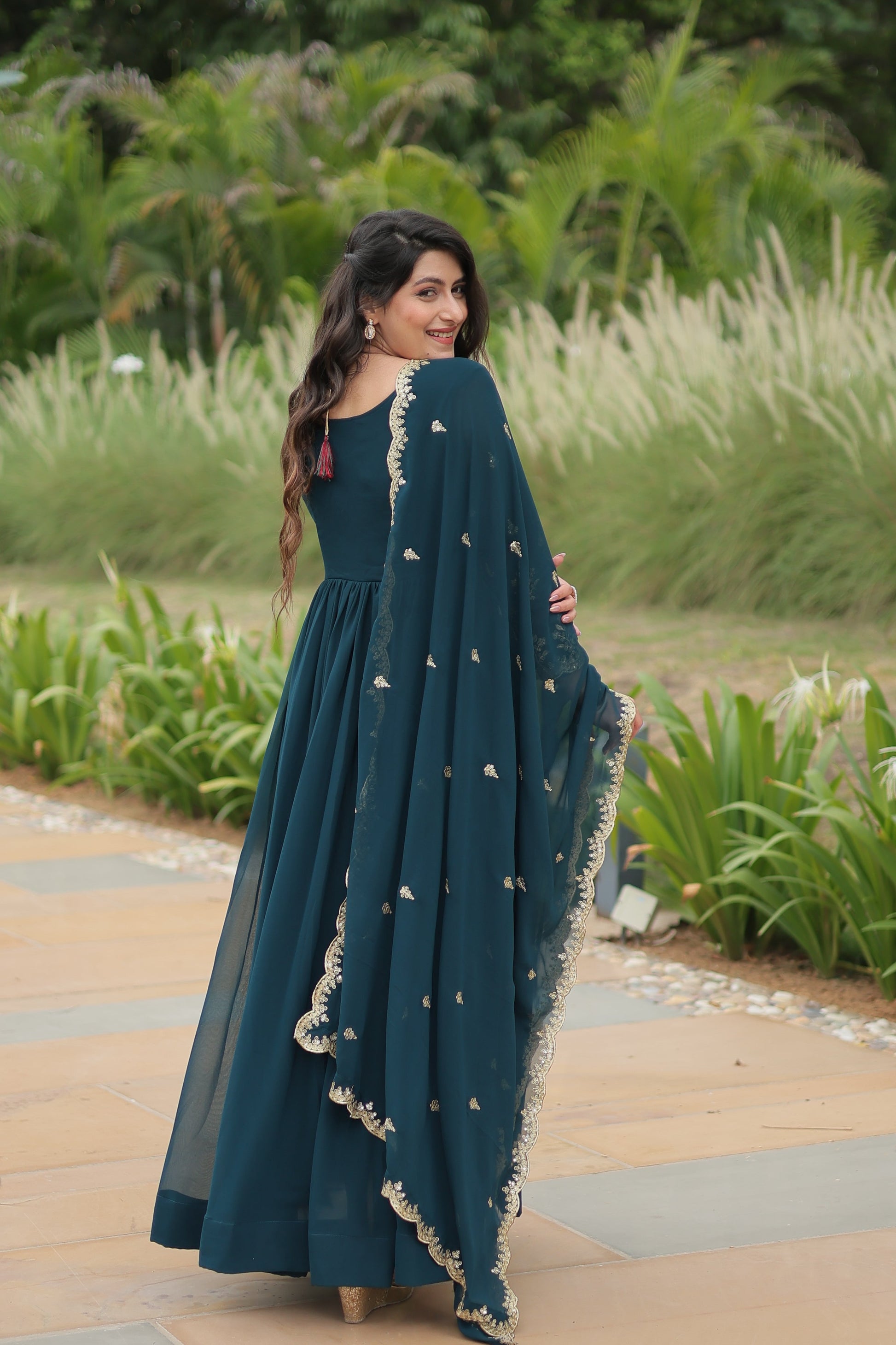 Jyoti Fashion Women's Rama Faux Blooming Sequins with Zari Embroidered Long Anarkali Sets | Swadesiicart