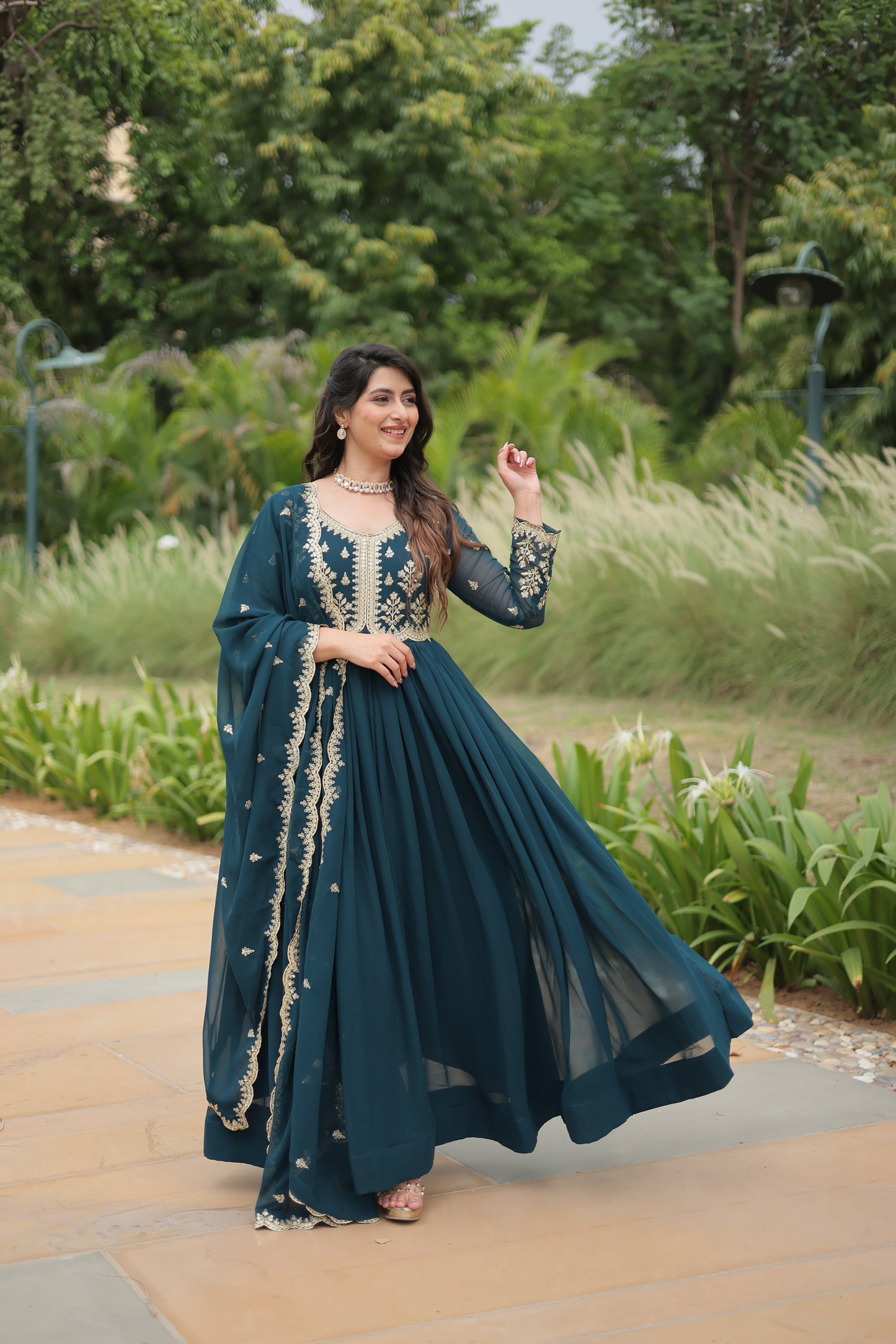 Jyoti Fashion Women's Rama Faux Blooming Sequins with Zari Embroidered Long Anarkali Sets | Swadesiicart