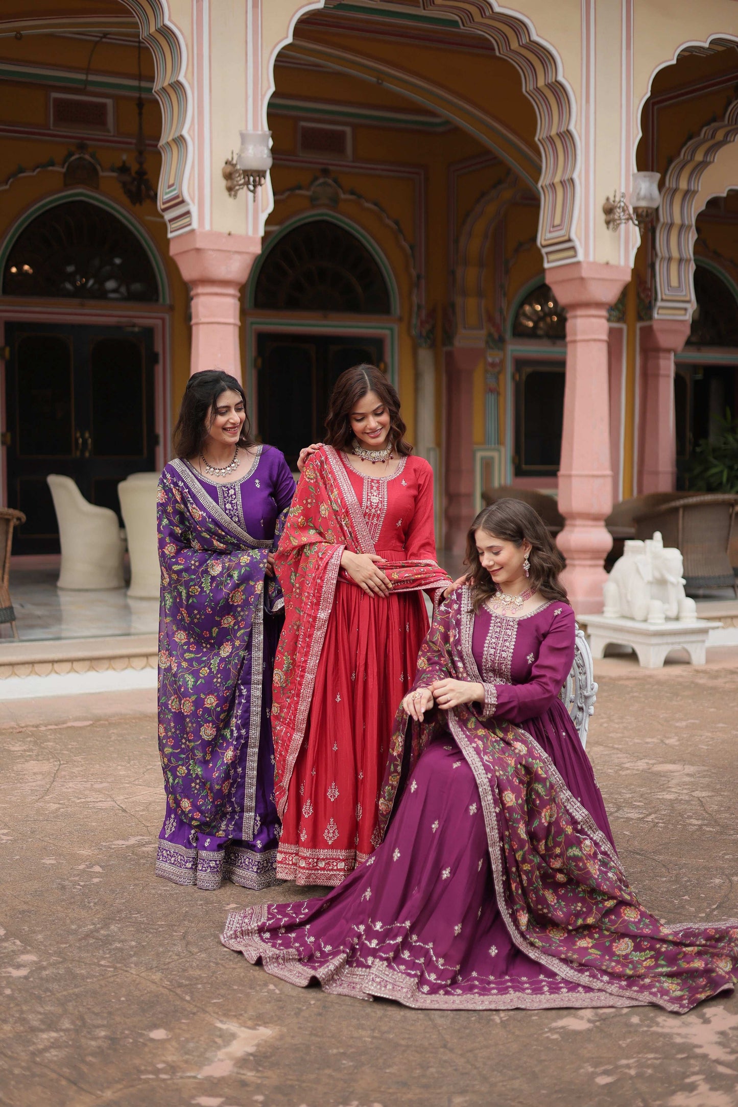 Jyoti Fashion Women's Maroon Purple & Wine Chinon Rich Sequins Embroidered Long Anarkali Combo Sets | Swadesiicart