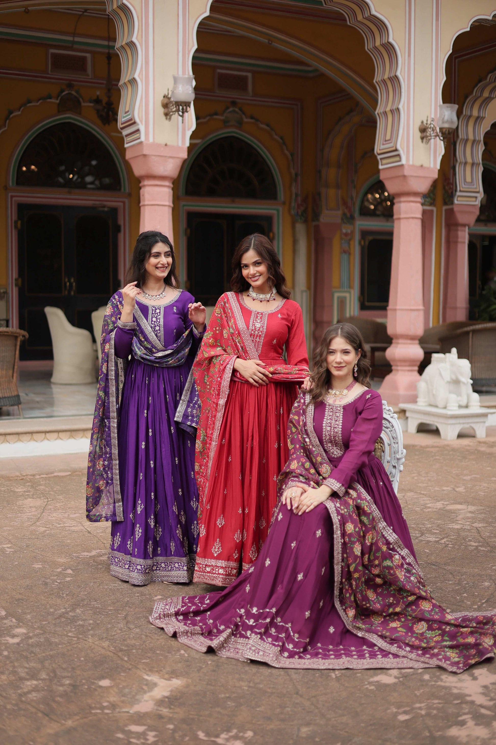 Jyoti Fashion Women's Maroon Purple & Wine Chinon Rich Sequins Embroidered Long Anarkali Combo Sets | Swadesiicart