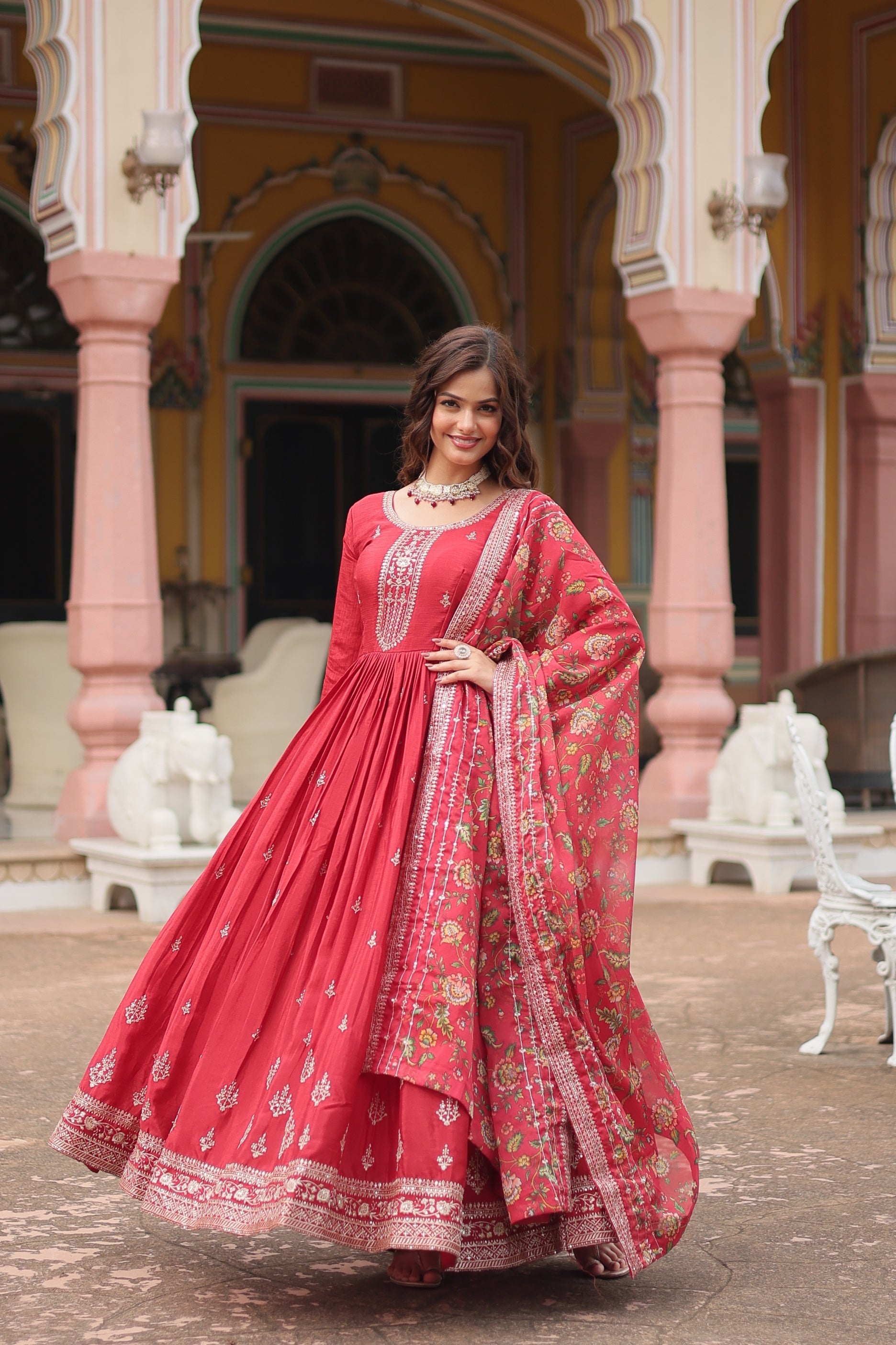 Jyoti Fashion Women's Maroon Chinon Rich Sequins Embroidered Long Anarkali Sets | Swadesiicart