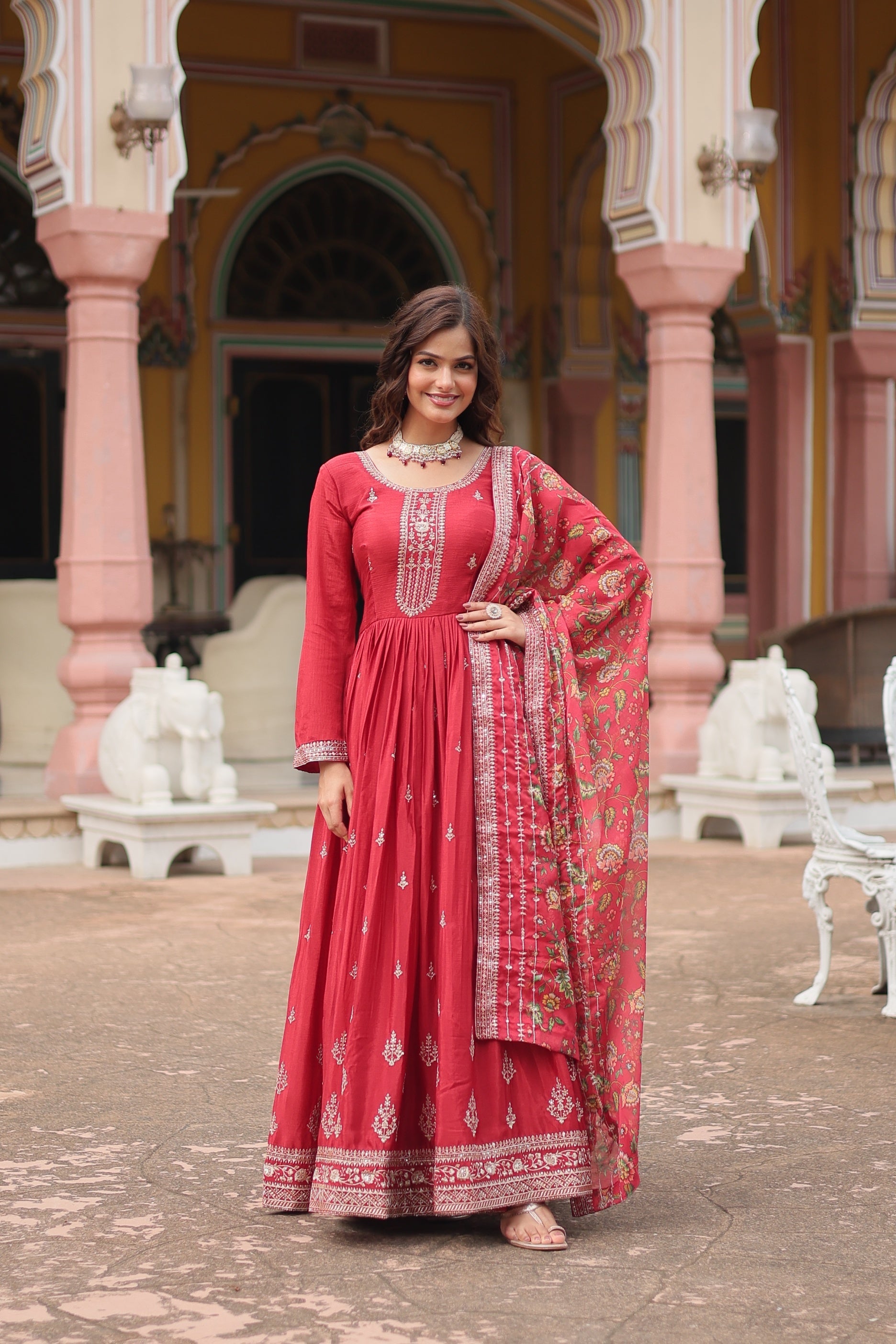 Jyoti Fashion Women's Maroon Chinon Rich Sequins Embroidered Long Anarkali Sets | Swadesiicart