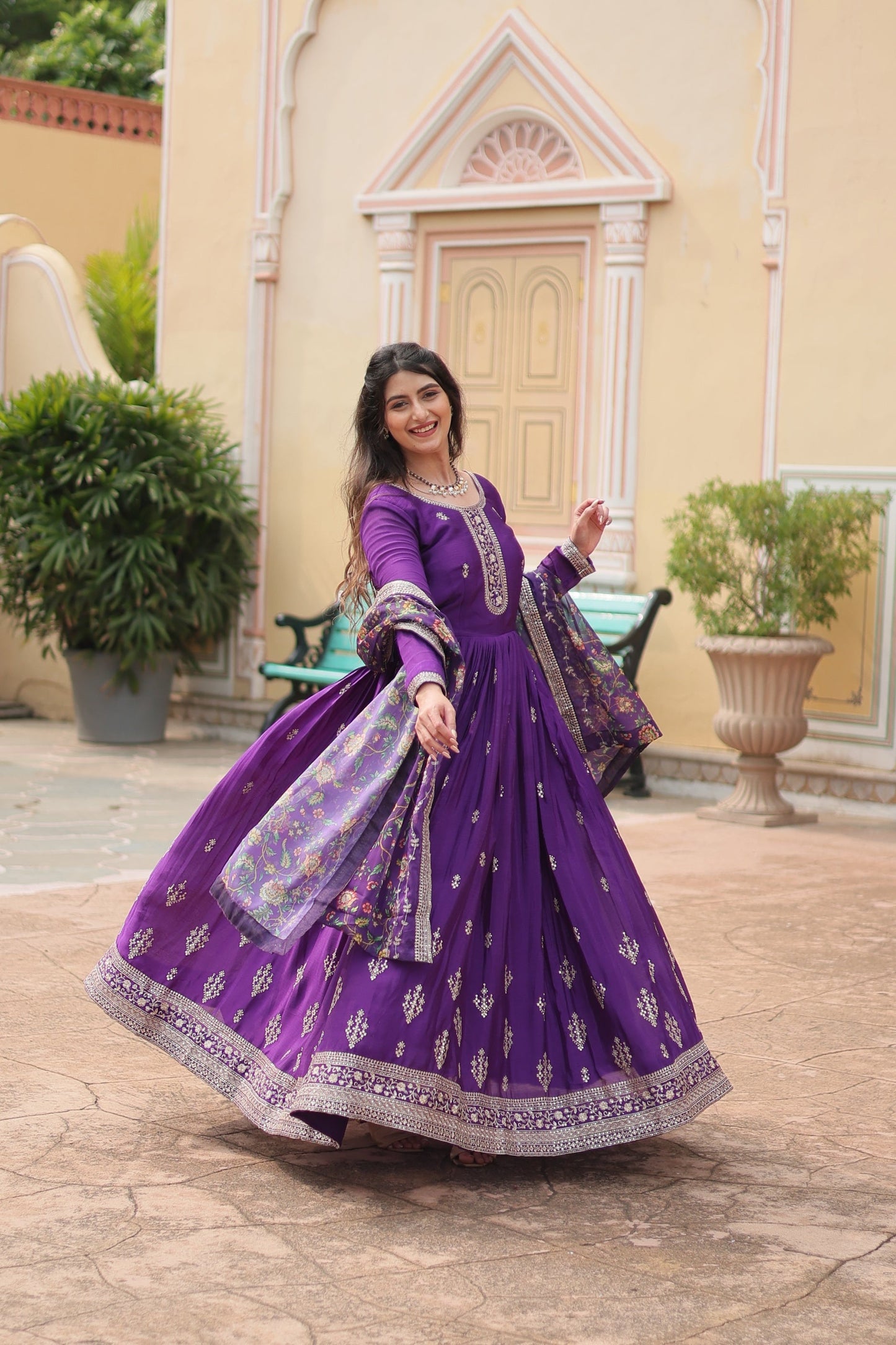 Jyoti Fashion Women's Purple Chinon Rich Sequins Embroidered Long Anarkali Sets | Swadesiicart