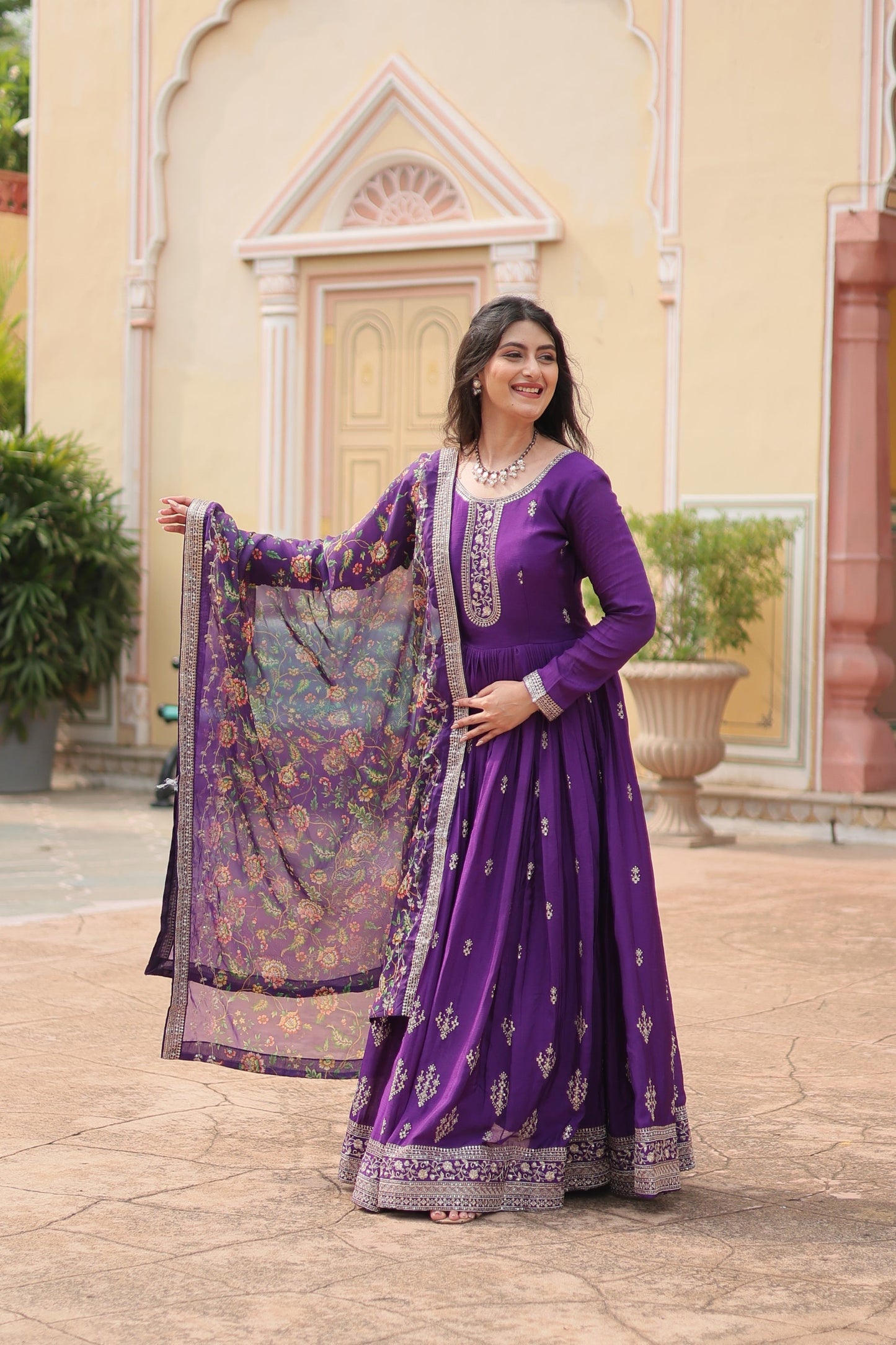Jyoti Fashion Women's Purple Chinon Rich Sequins Embroidered Long Anarkali Sets | Swadesiicart