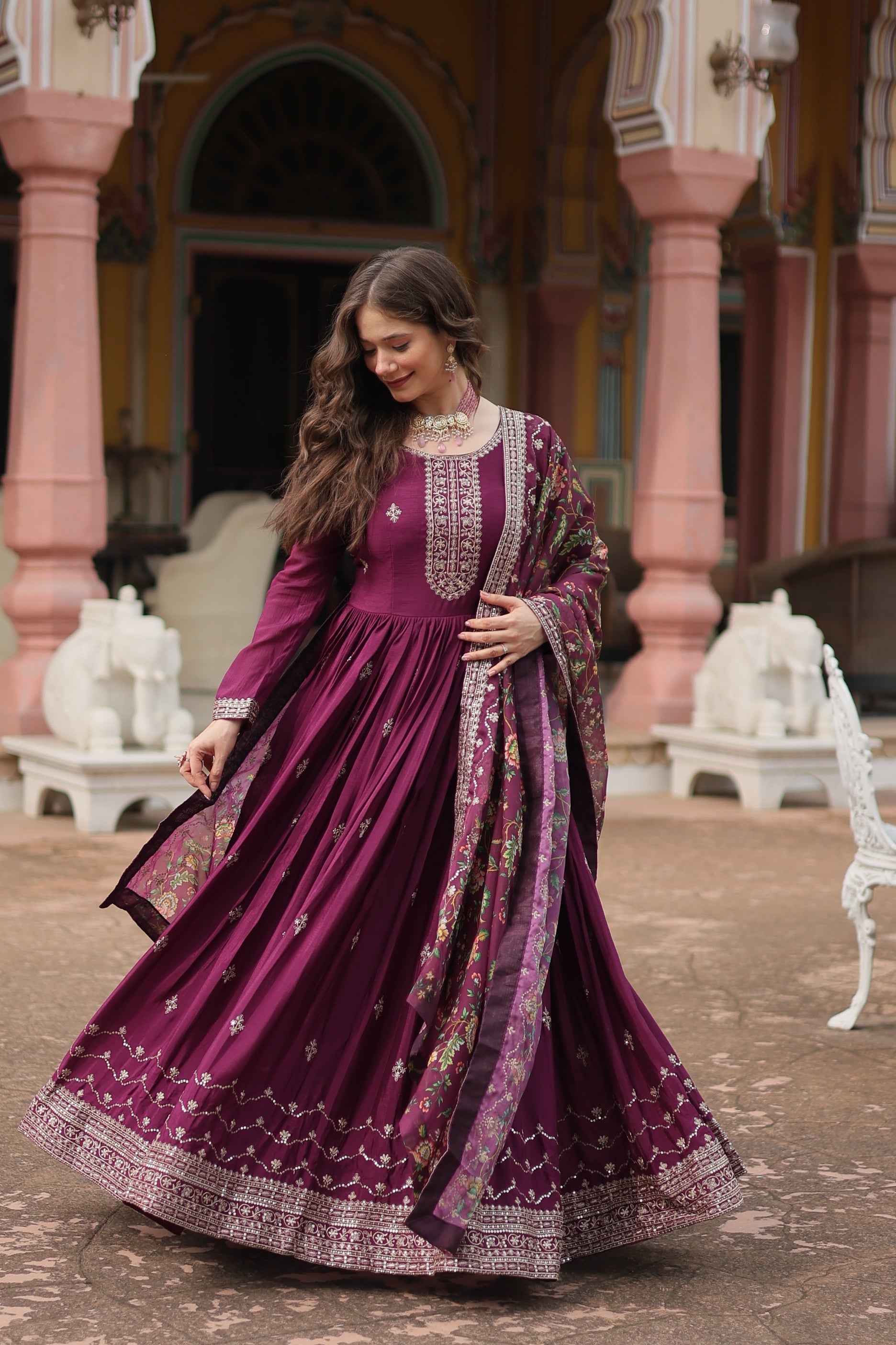 Jyoti Fashion Women's Wine Chinon Rich Sequins Embroidered Long Anarkali Sets | Swadesiicart