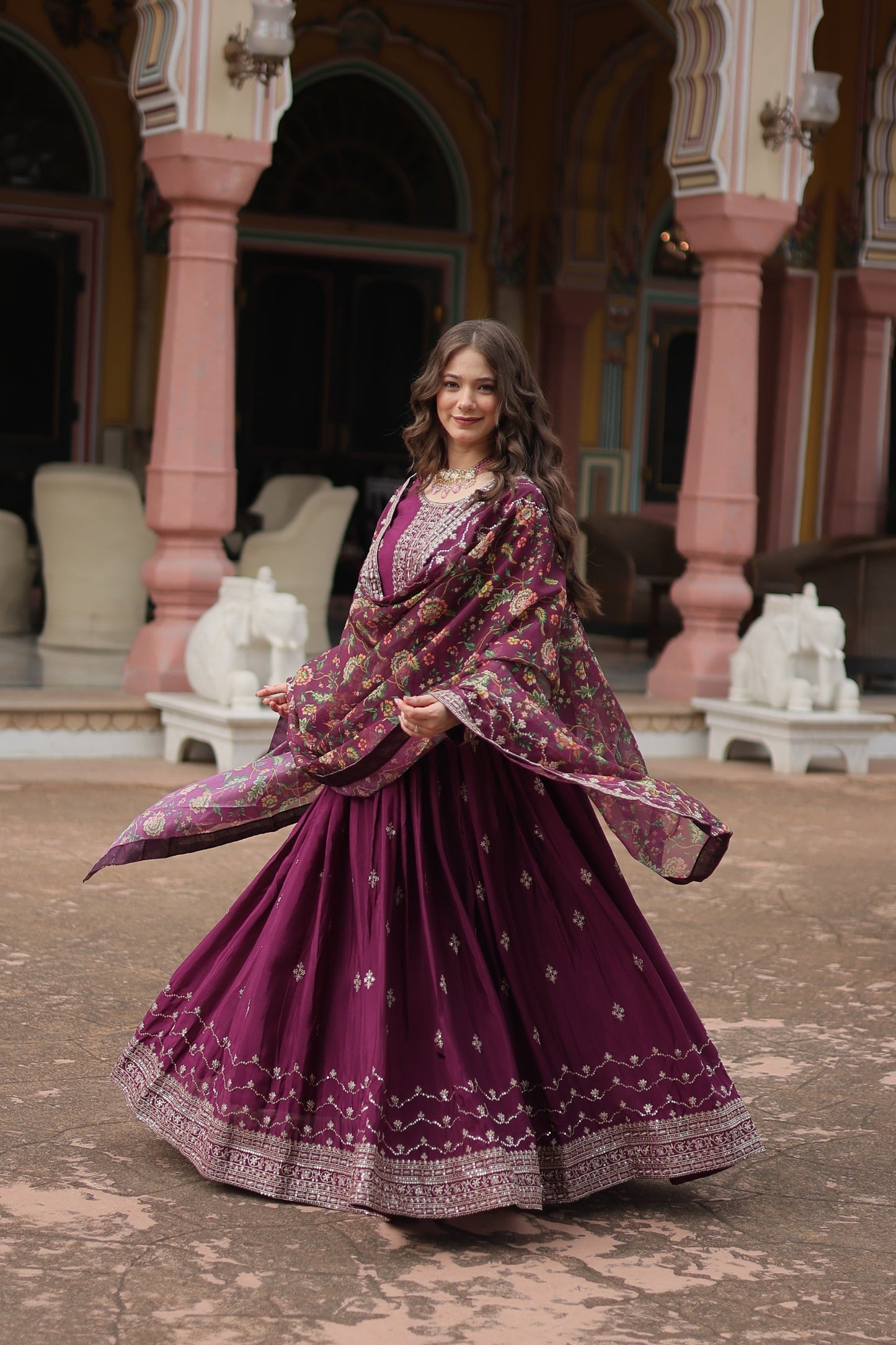 Jyoti Fashion Women's Wine Chinon Rich Sequins Embroidered Long Anarkali Sets | Swadesiicart