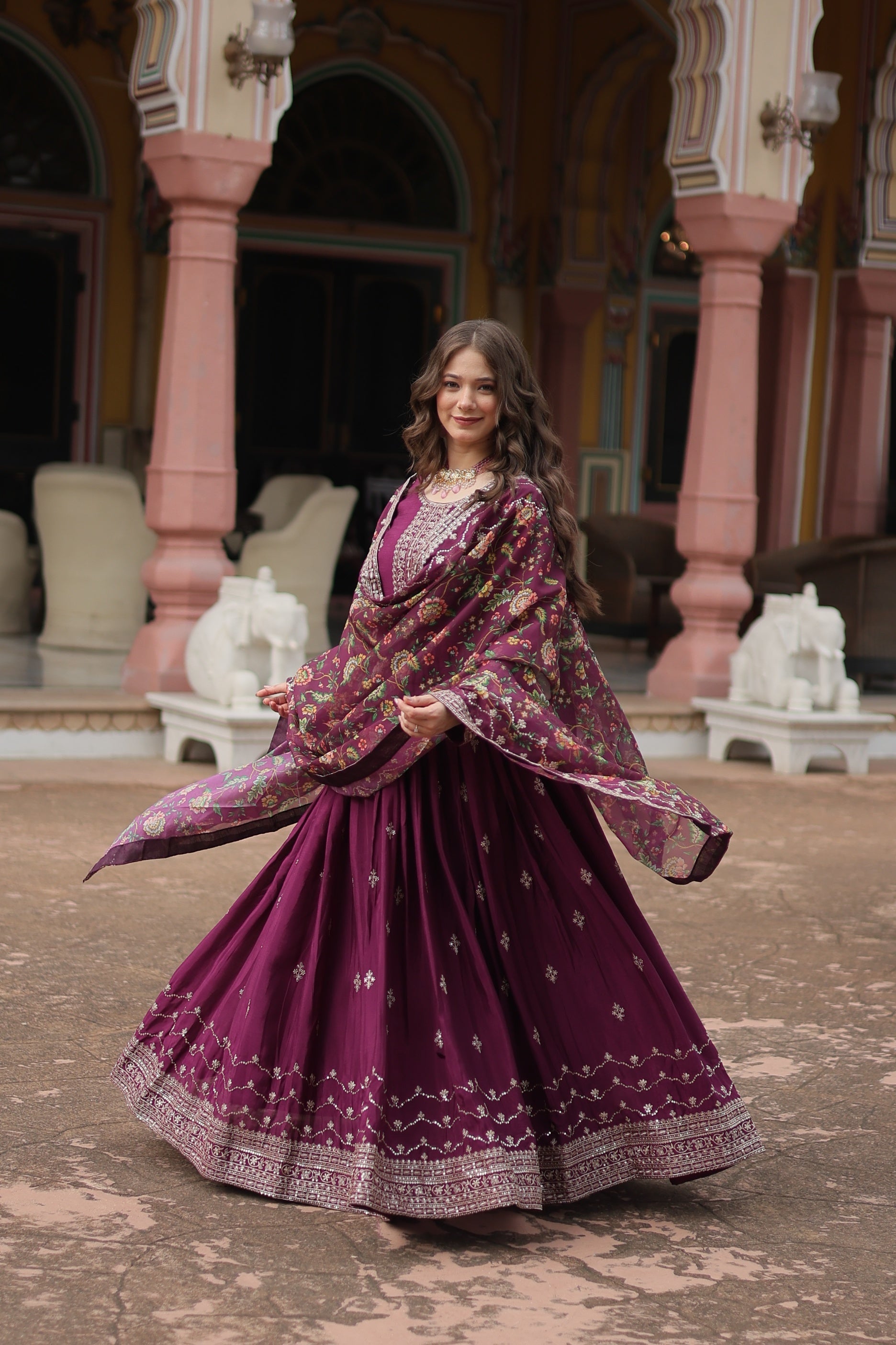 Jyoti Fashion Women's Wine Chinon Rich Sequins Embroidered Long Anarkali Sets | Swadesiicart