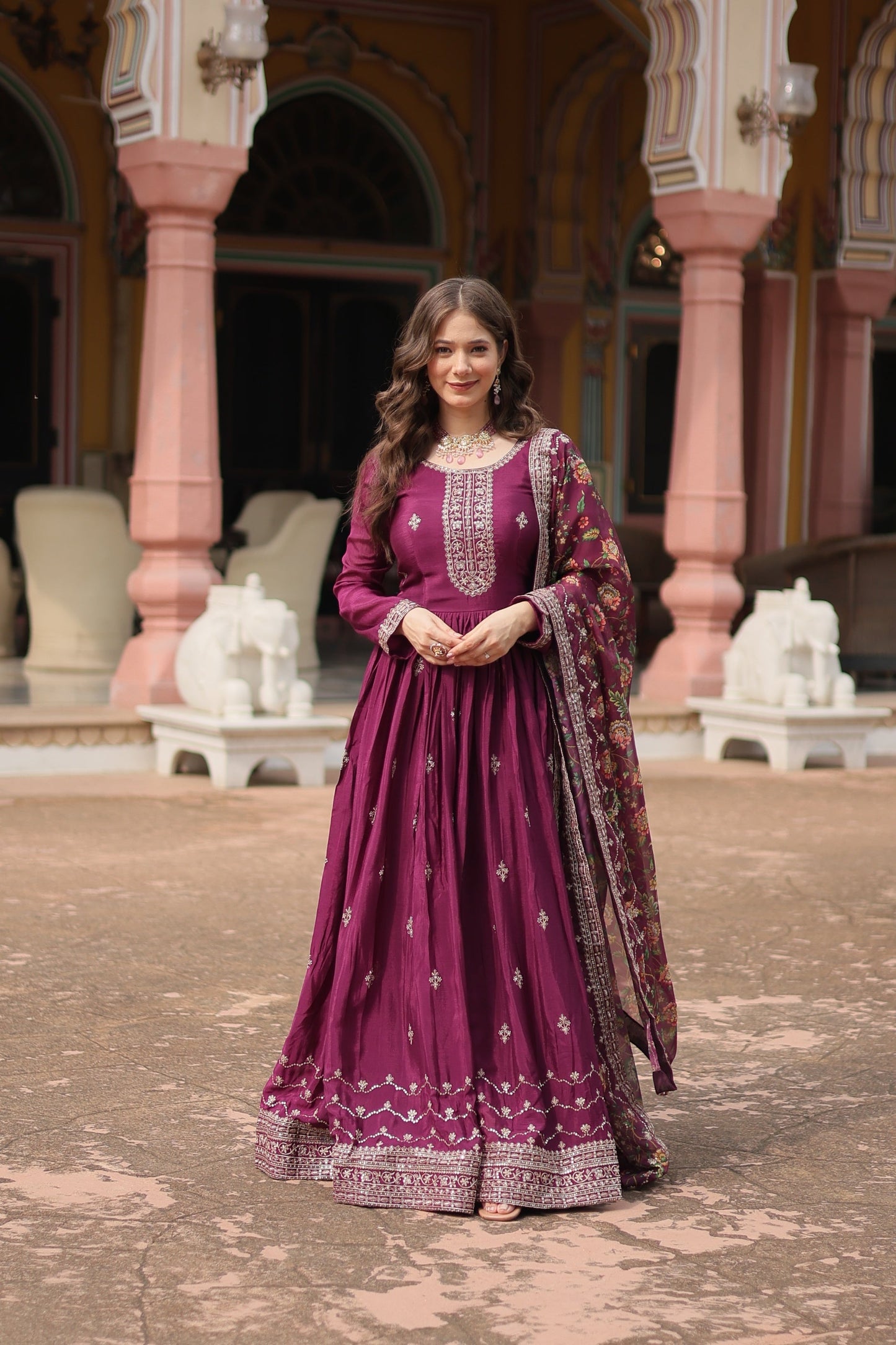 Jyoti Fashion Women's Wine Chinon Rich Sequins Embroidered Long Anarkali Sets | Swadesiicart