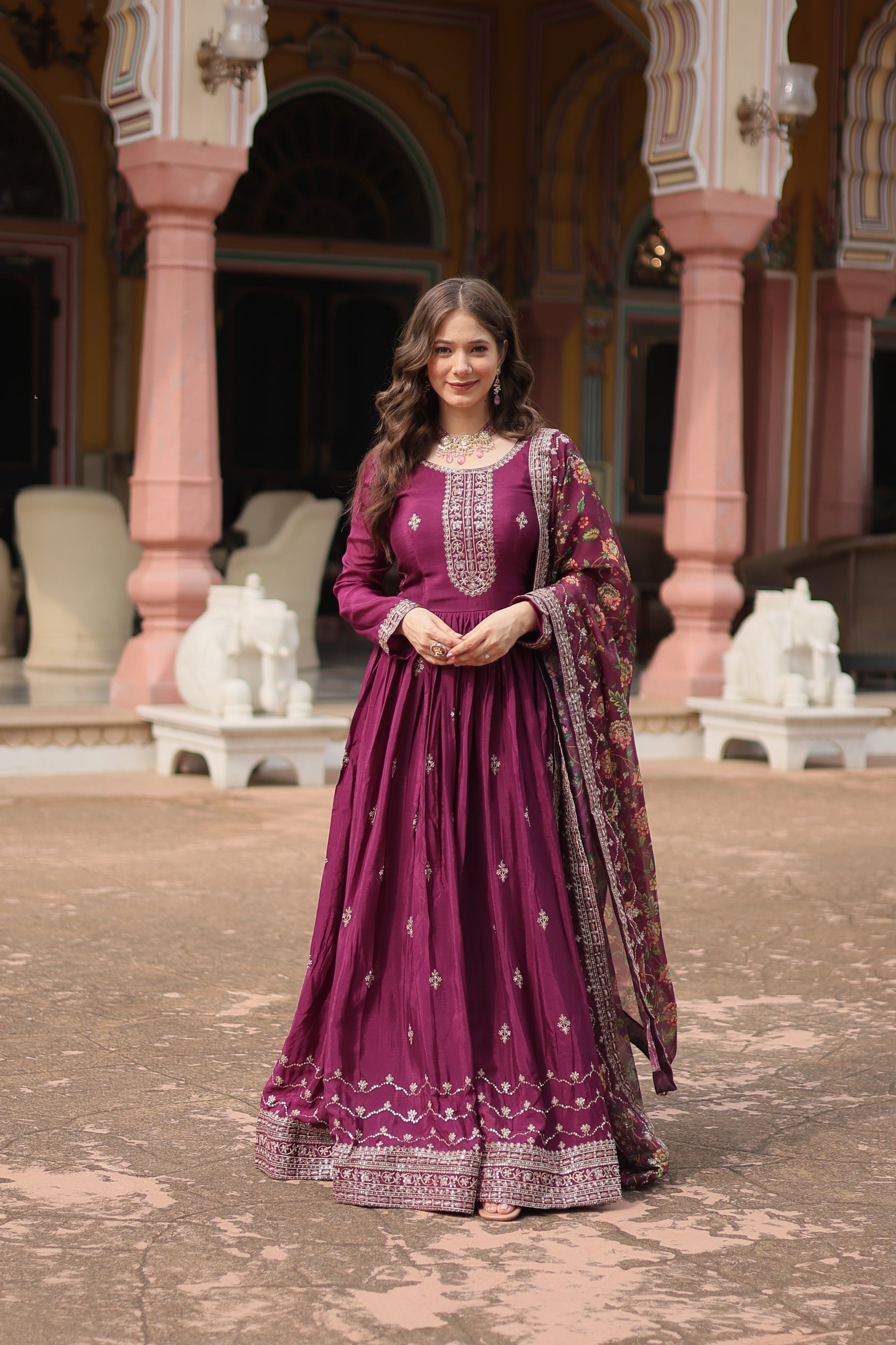 Jyoti Fashion Women's Wine Chinon Rich Sequins Embroidered Long Anarkali Sets | Swadesiicart