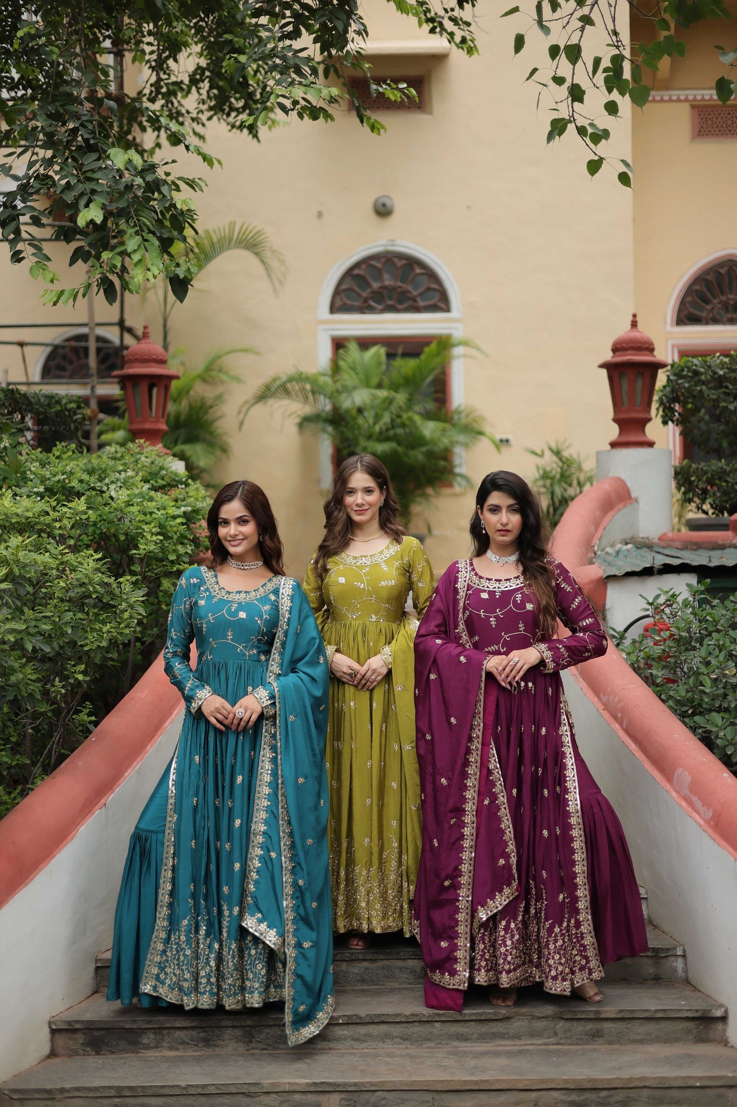 Jyoti Fashion Women's Rama Mehendi & Wine Chinon Rich Sequins Embroidered Combo Kurta Set with Dupatta | Swadesiicart