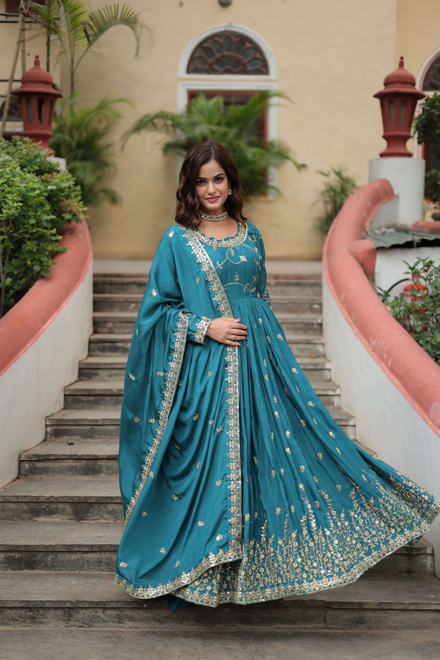 Jyoti Fashion Women's Rama Chinon Rich Sequins Embroidered Kurta Set with Dupatta | Swadesiicart