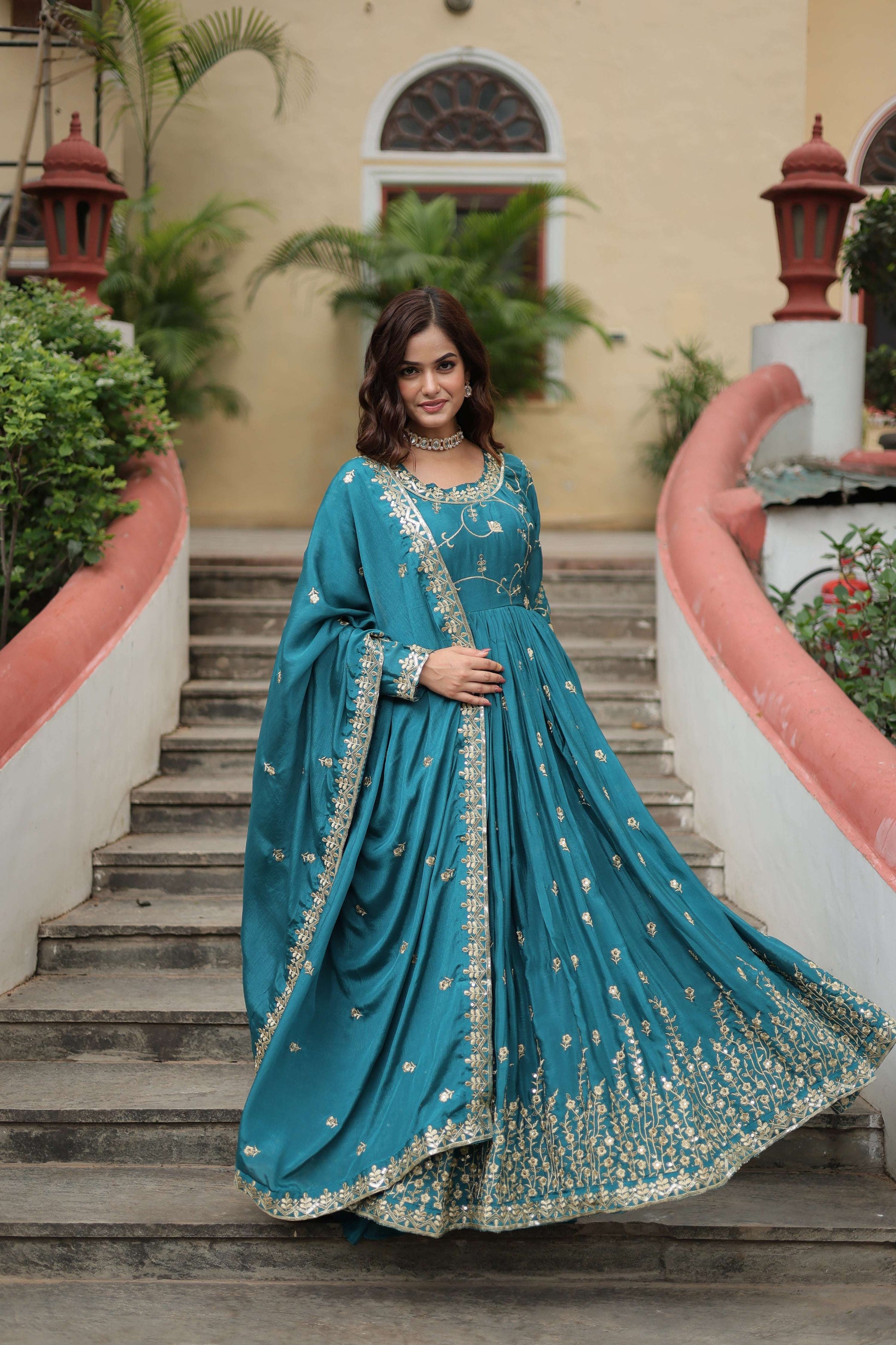 Jyoti Fashion Women's Rama Chinon Rich Sequins Embroidered Kurta Set with Dupatta | Swadesiicart