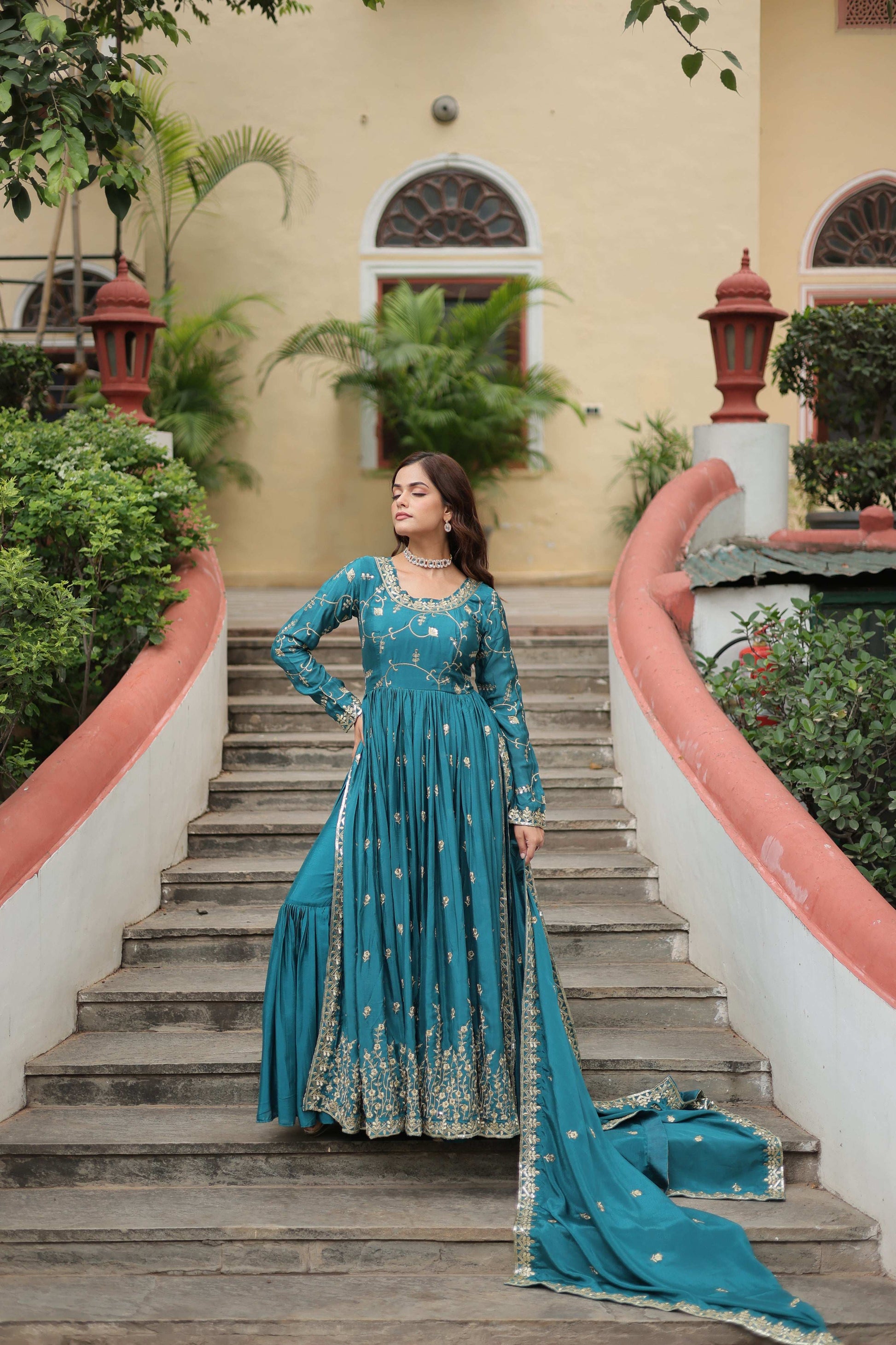 Jyoti Fashion Women's Rama Chinon Rich Sequins Embroidered Kurta Set with Dupatta | Swadesiicart