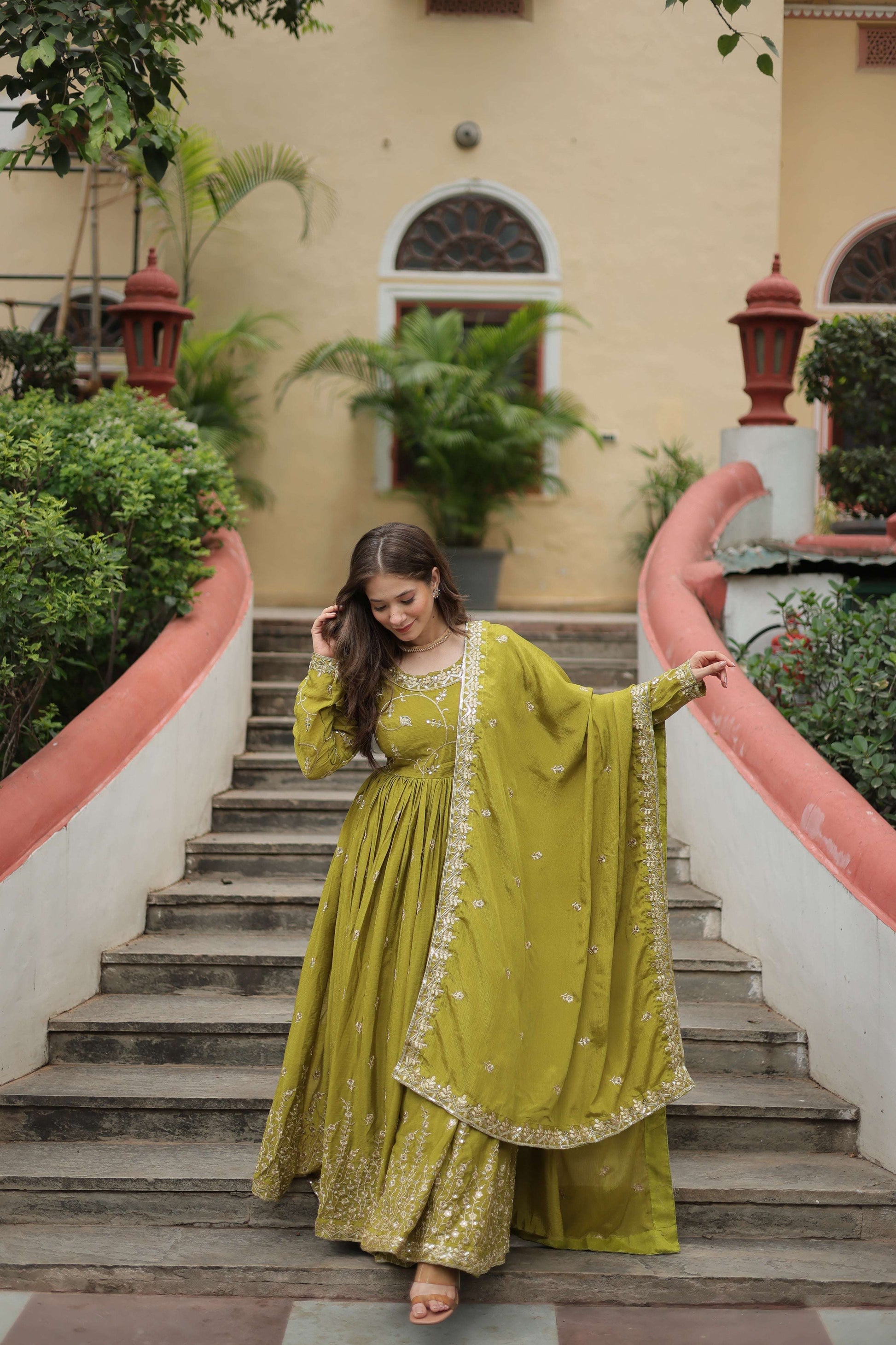 Jyoti Fashion Women's Mehendi Chinon Rich Sequins Embroidered Kurta Set with Dupatta | Swadesiicart