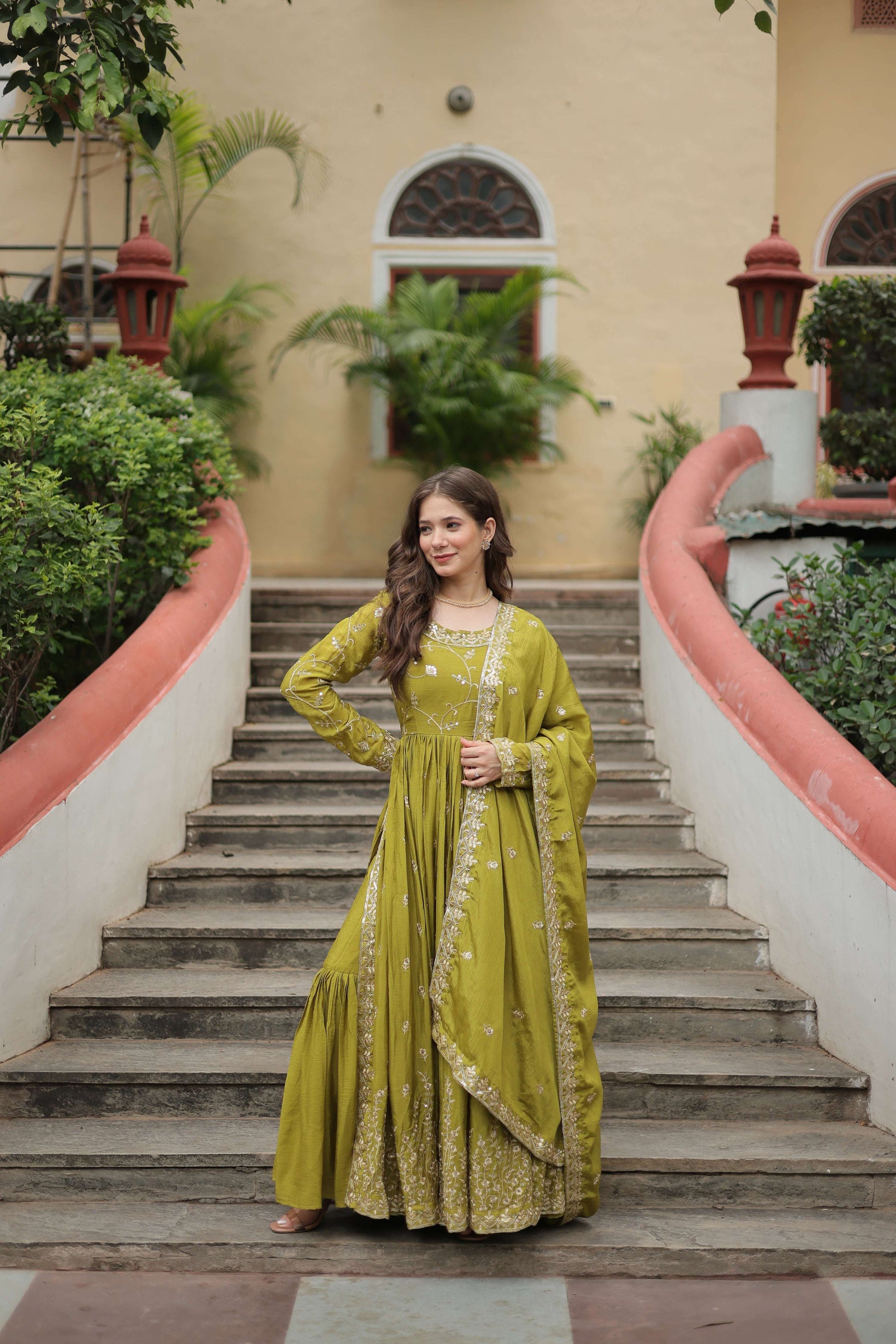 Jyoti Fashion Women's Mehendi Chinon Rich Sequins Embroidered Kurta Set with Dupatta | Swadesiicart