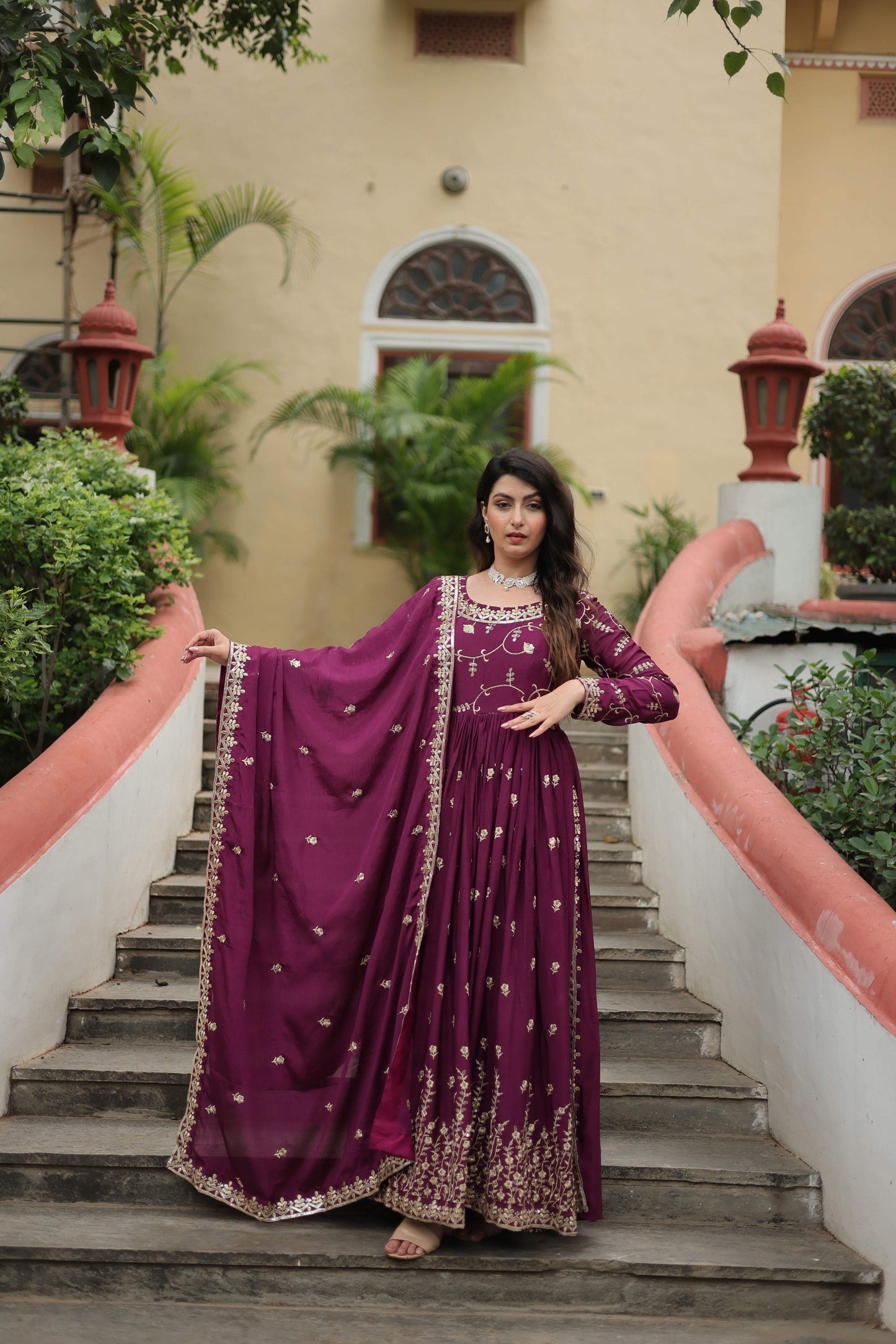 Jyoti Fashion Women's Wine Chinon Rich Sequins Embroidered Kurta Set with Dupatta | Swadesiicart