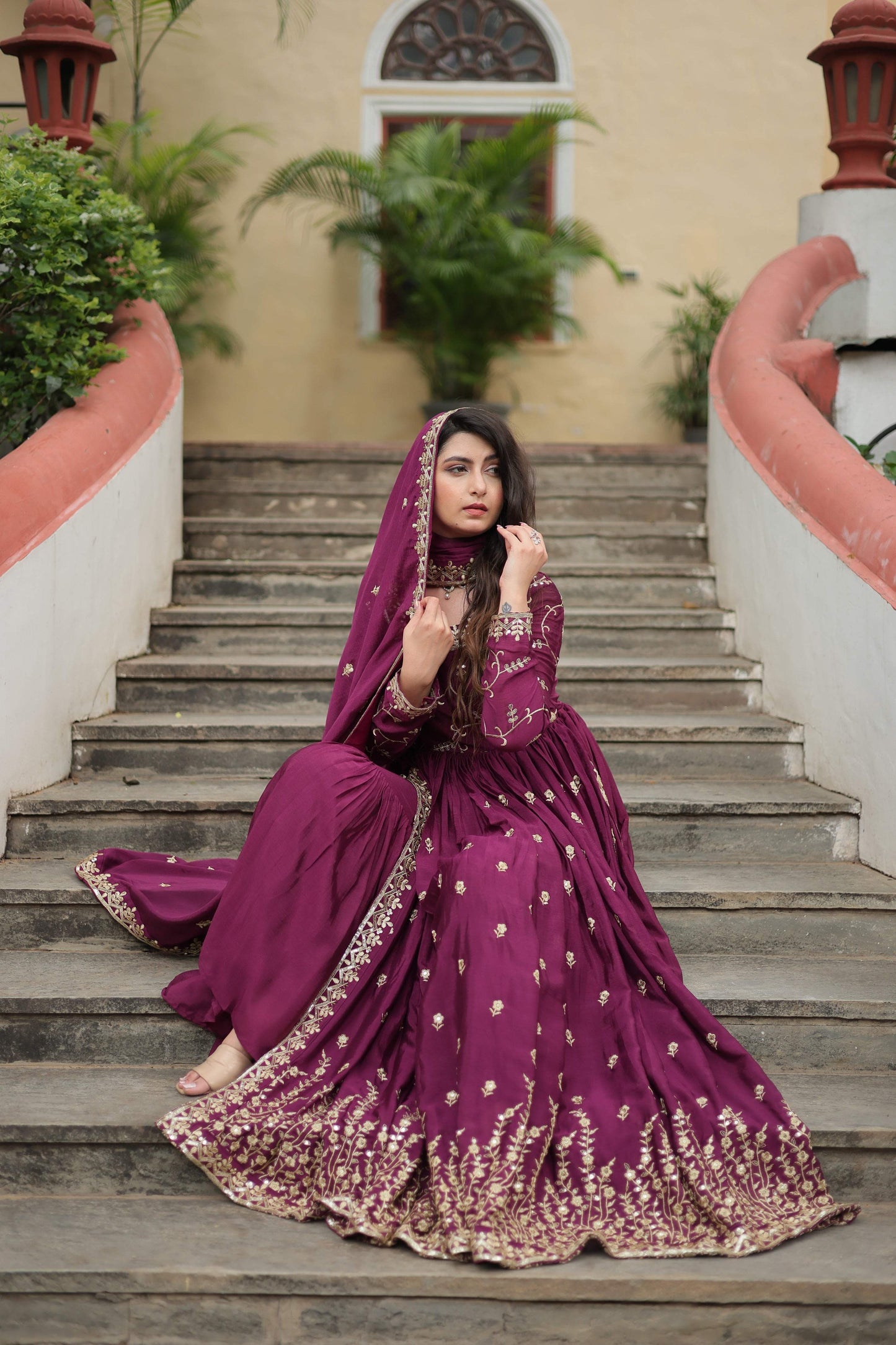 Jyoti Fashion Women's Wine Chinon Rich Sequins Embroidered Kurta Set with Dupatta | Swadesiicart