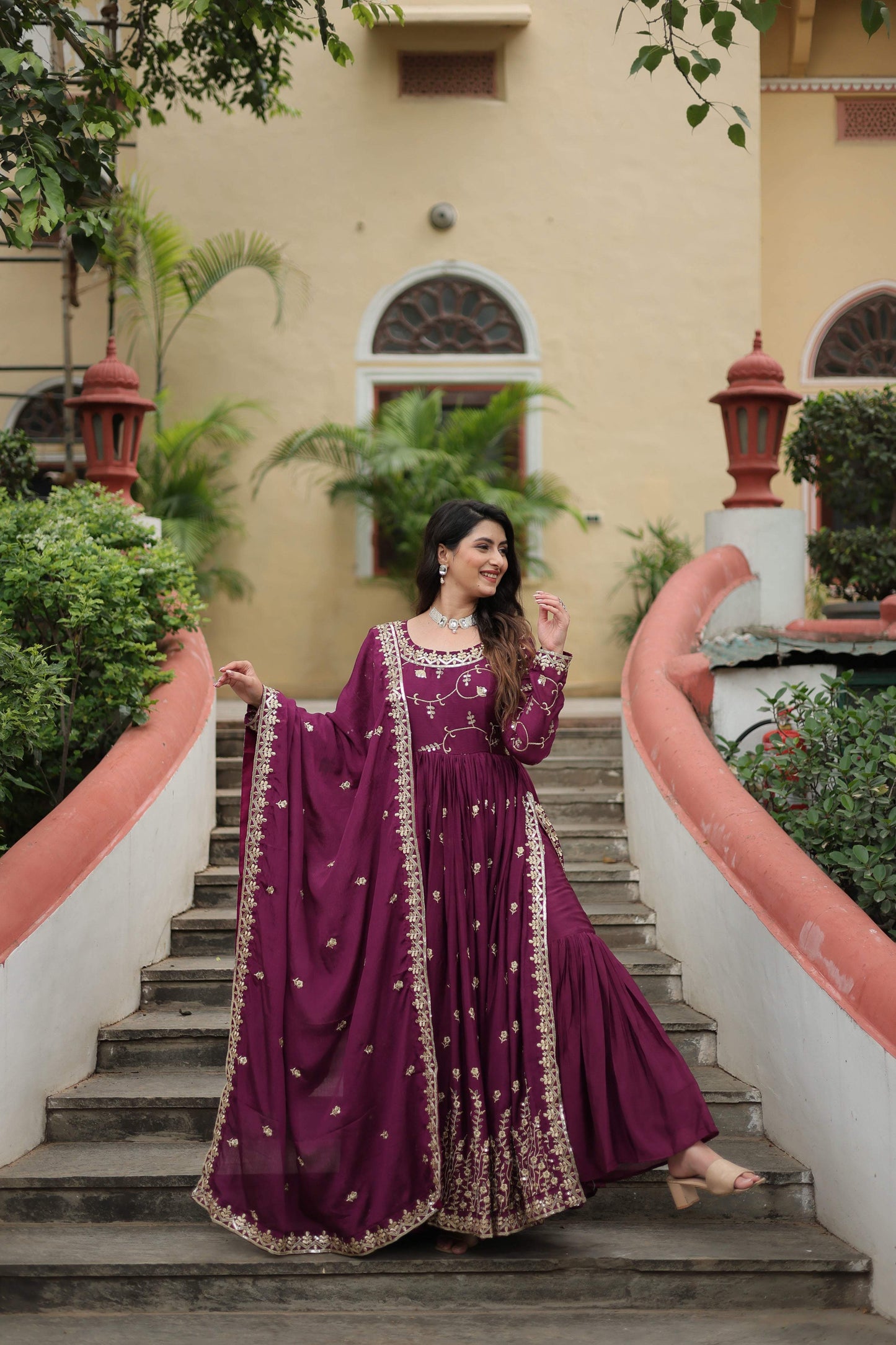 Jyoti Fashion Women's Wine Chinon Rich Sequins Embroidered Kurta Set with Dupatta | Swadesiicart