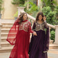 Jyoti Fashion Women's Maroon & Wine Faux Blooming Sequins Zari Embroidered Long Anarkali Combo Sets | Swadesiicart