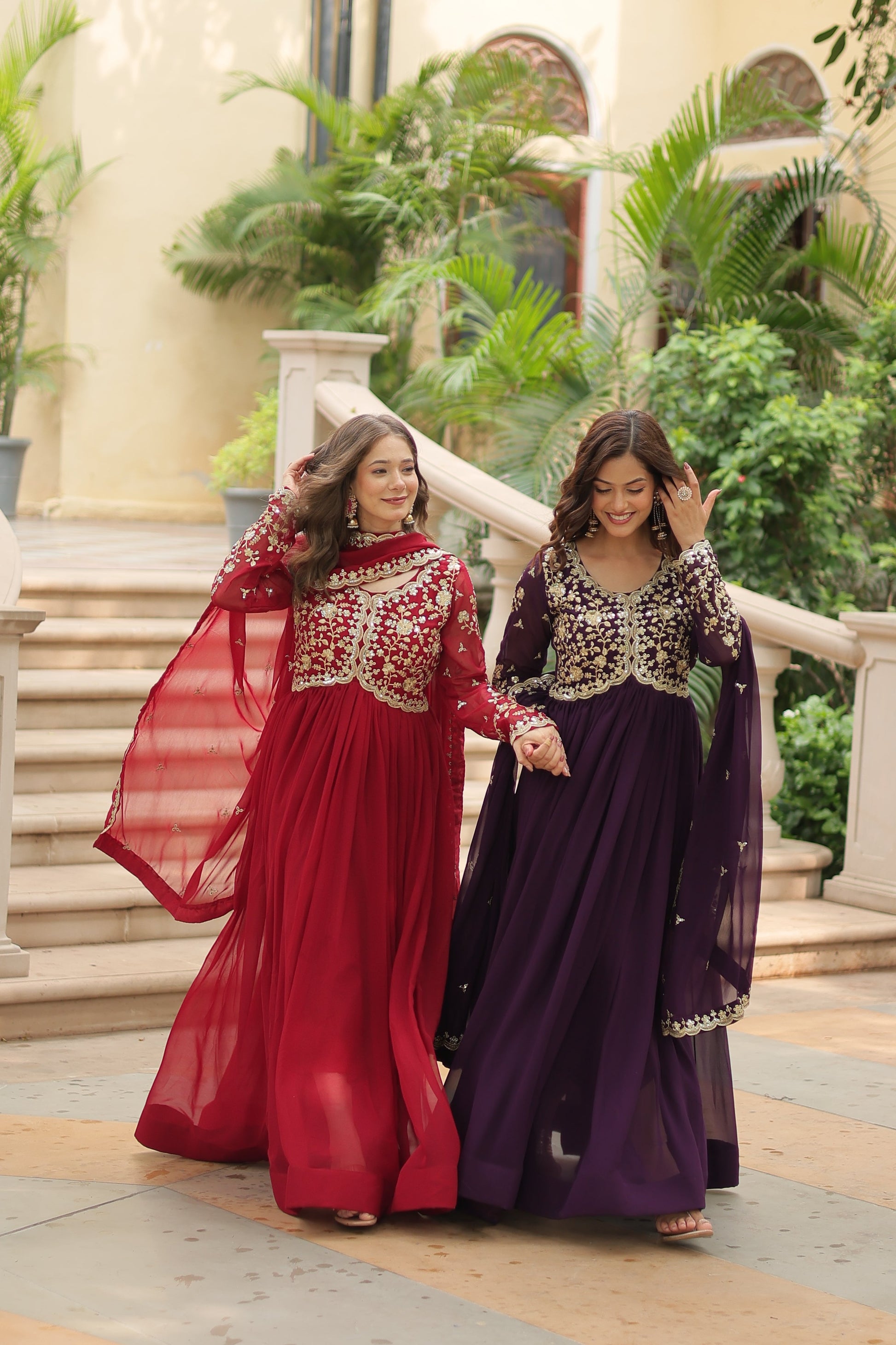 Jyoti Fashion Women's Maroon & Wine Faux Blooming Sequins Zari Embroidered Long Anarkali Combo Sets | Swadesiicart