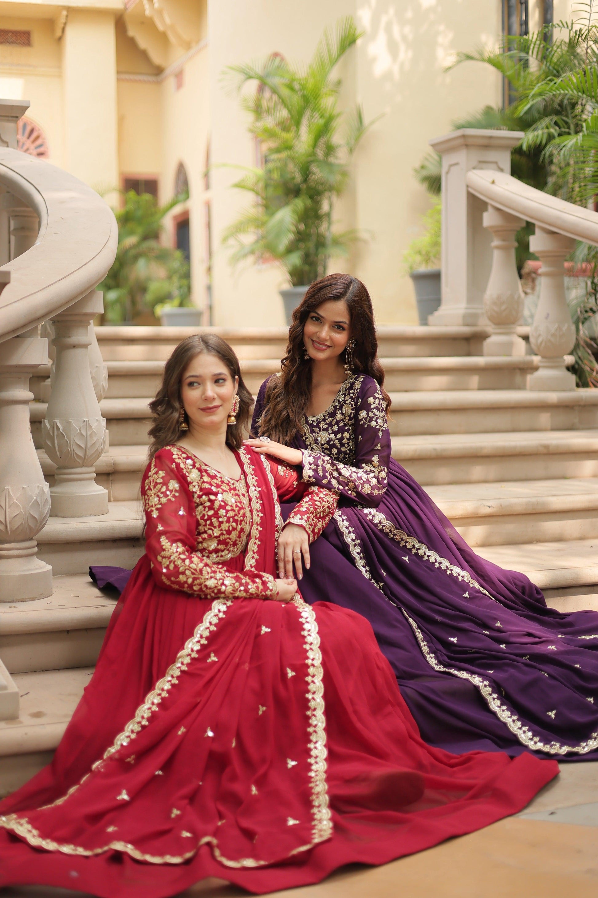Jyoti Fashion Women's Maroon & Wine Faux Blooming Sequins Zari Embroidered Long Anarkali Combo Sets | Swadesiicart