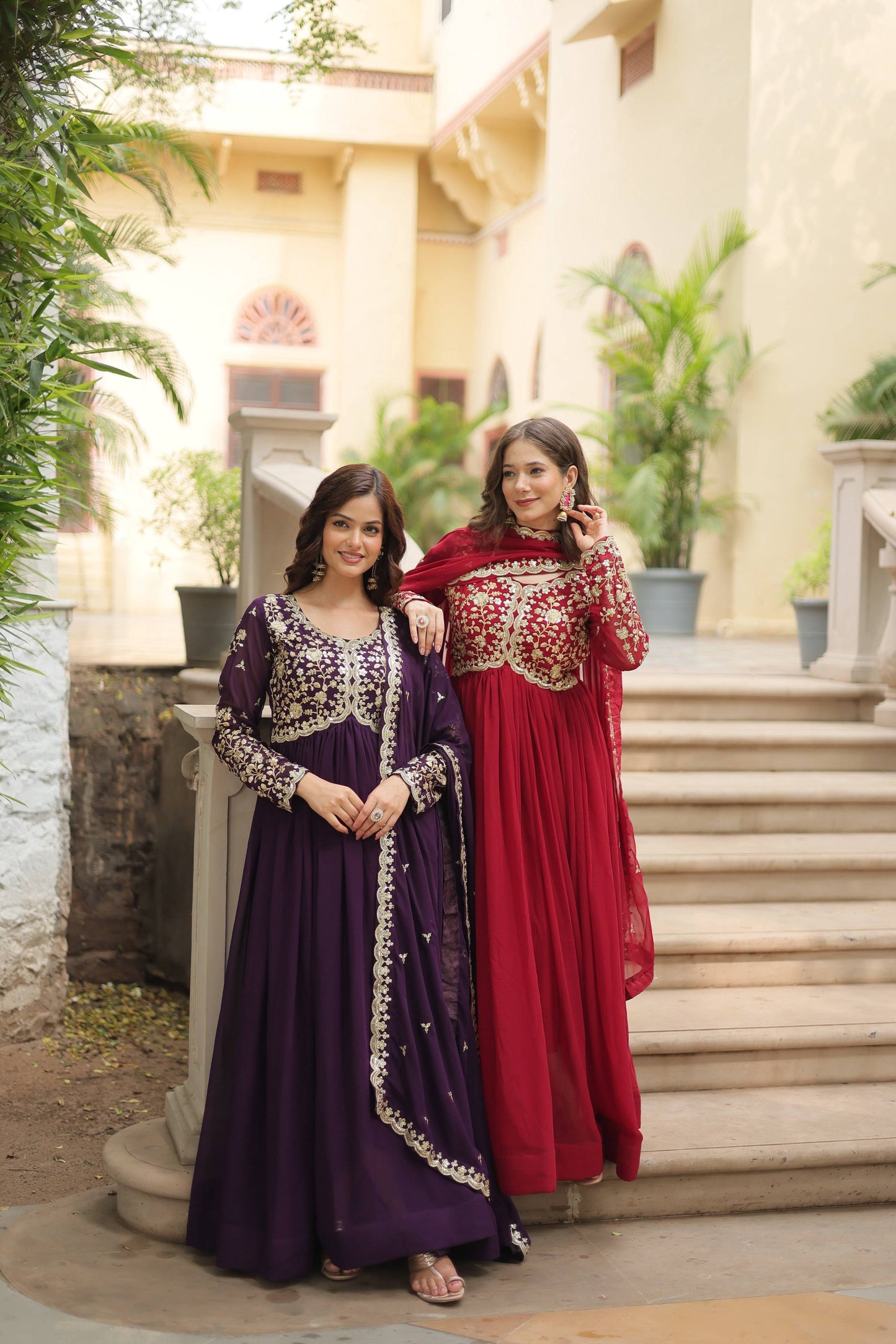 Jyoti Fashion Women's Maroon & Wine Faux Blooming Sequins Zari Embroidered Long Anarkali Combo Sets | Swadesiicart