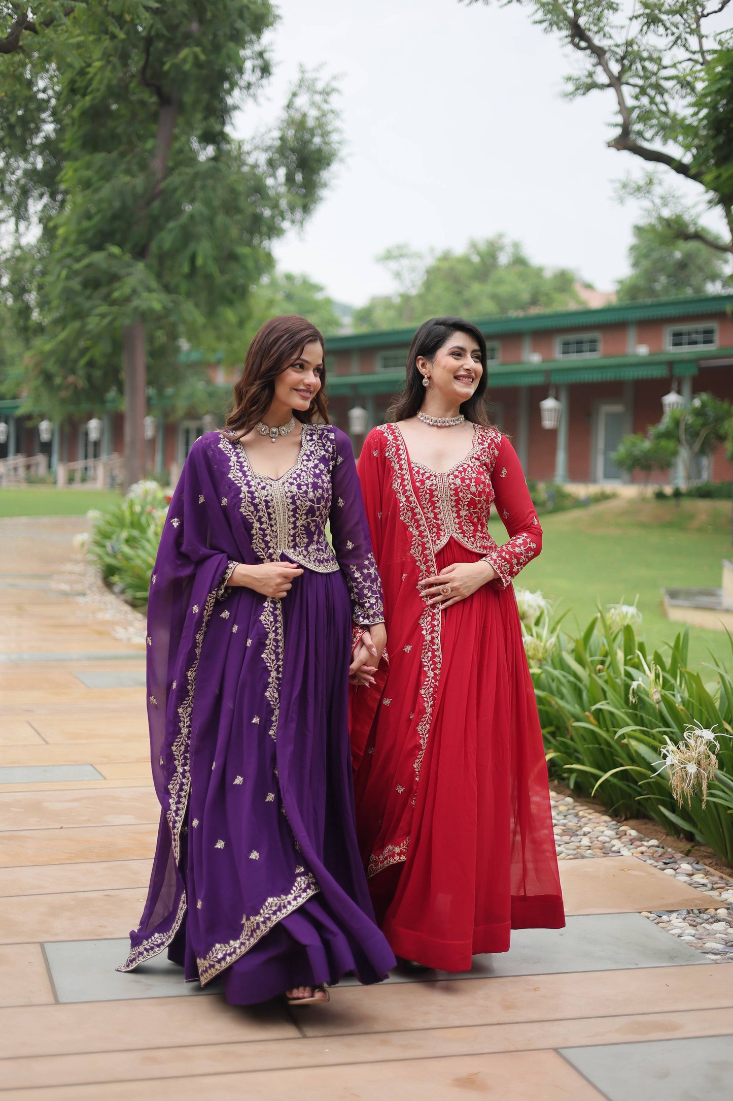 Jyoti Fashion Women's Purple & Red Faux Blooming Sequins Zari Embroidered Long Anarkali Combo Sets | Swadesiicart