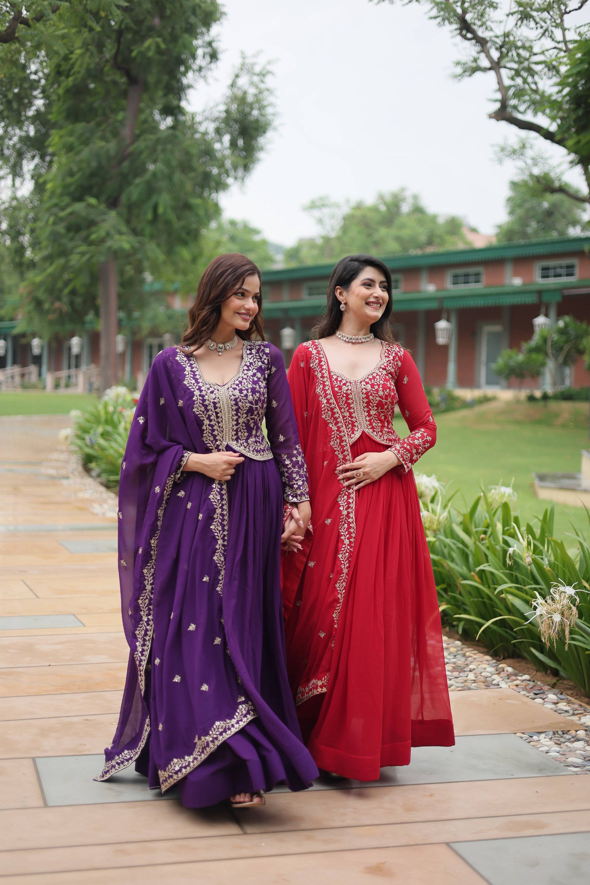 Jyoti Fashion Women's Purple & Red Faux Blooming Sequins Zari Embroidered Long Anarkali Combo Sets | Swadesiicart