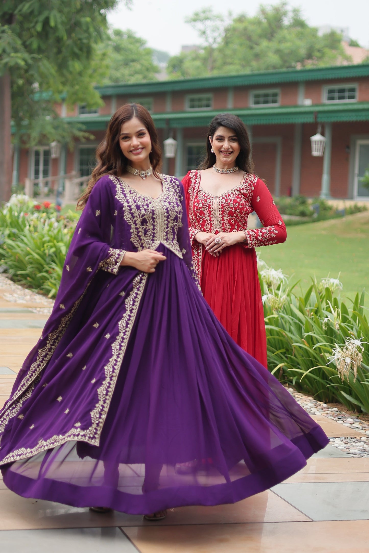 Jyoti Fashion Women's Purple & Red Faux Blooming Sequins Zari Embroidered Long Anarkali Combo Sets | Swadesiicart