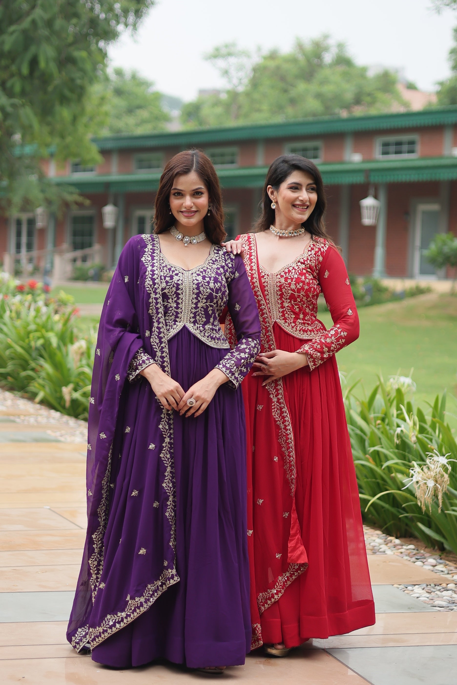 Jyoti Fashion Women's Purple & Red Faux Blooming Sequins Zari Embroidered Long Anarkali Combo Sets | Swadesiicart