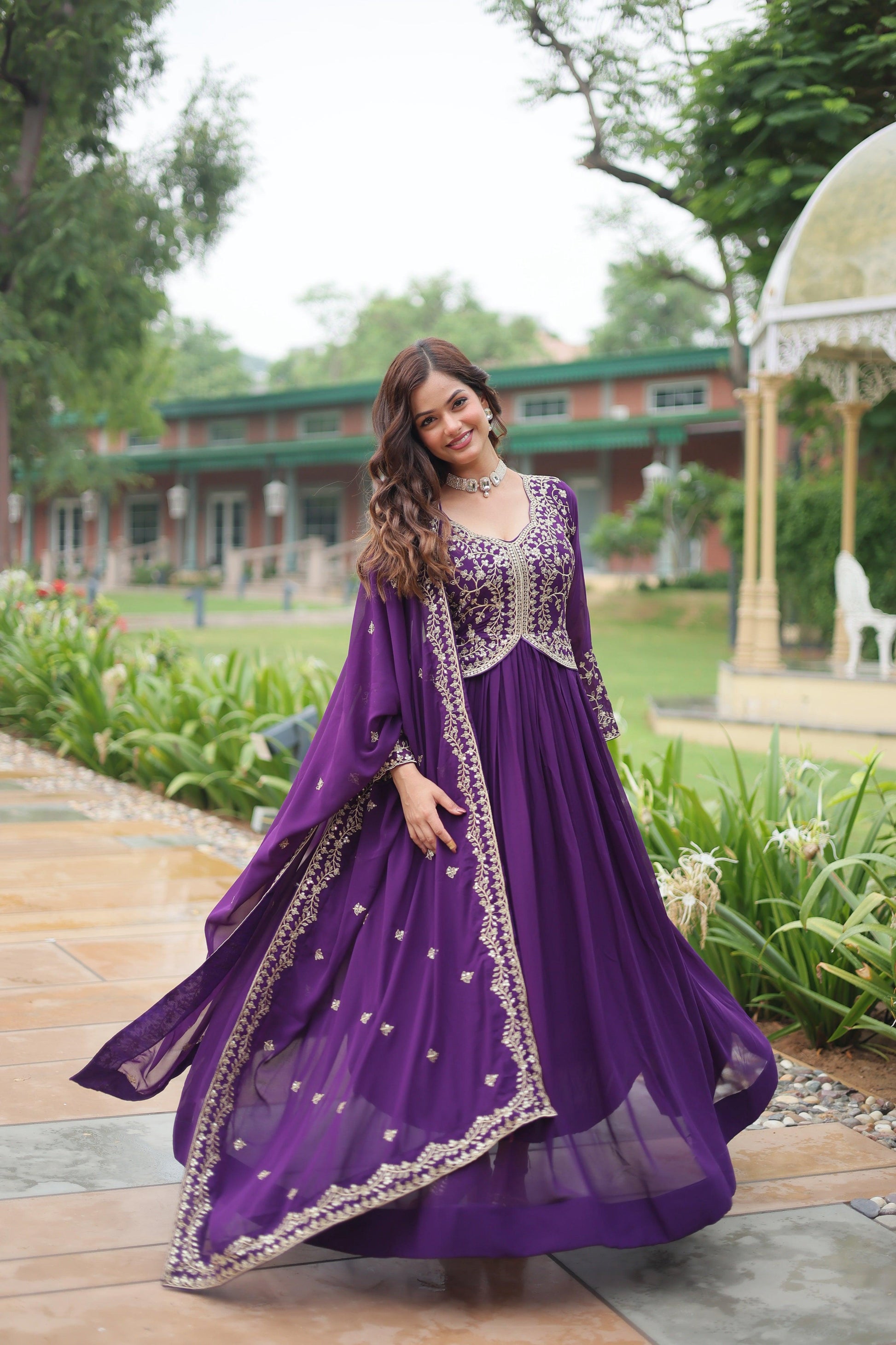 Jyoti Fashion Women's Purple Faux Blooming Sequins Zari Embroidered Long Anarkali Sets | Swadesiicart