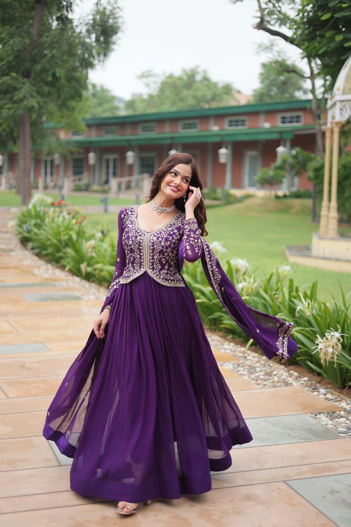 Jyoti Fashion Women's Purple Faux Blooming Sequins Zari Embroidered Long Anarkali Sets | Swadesiicart