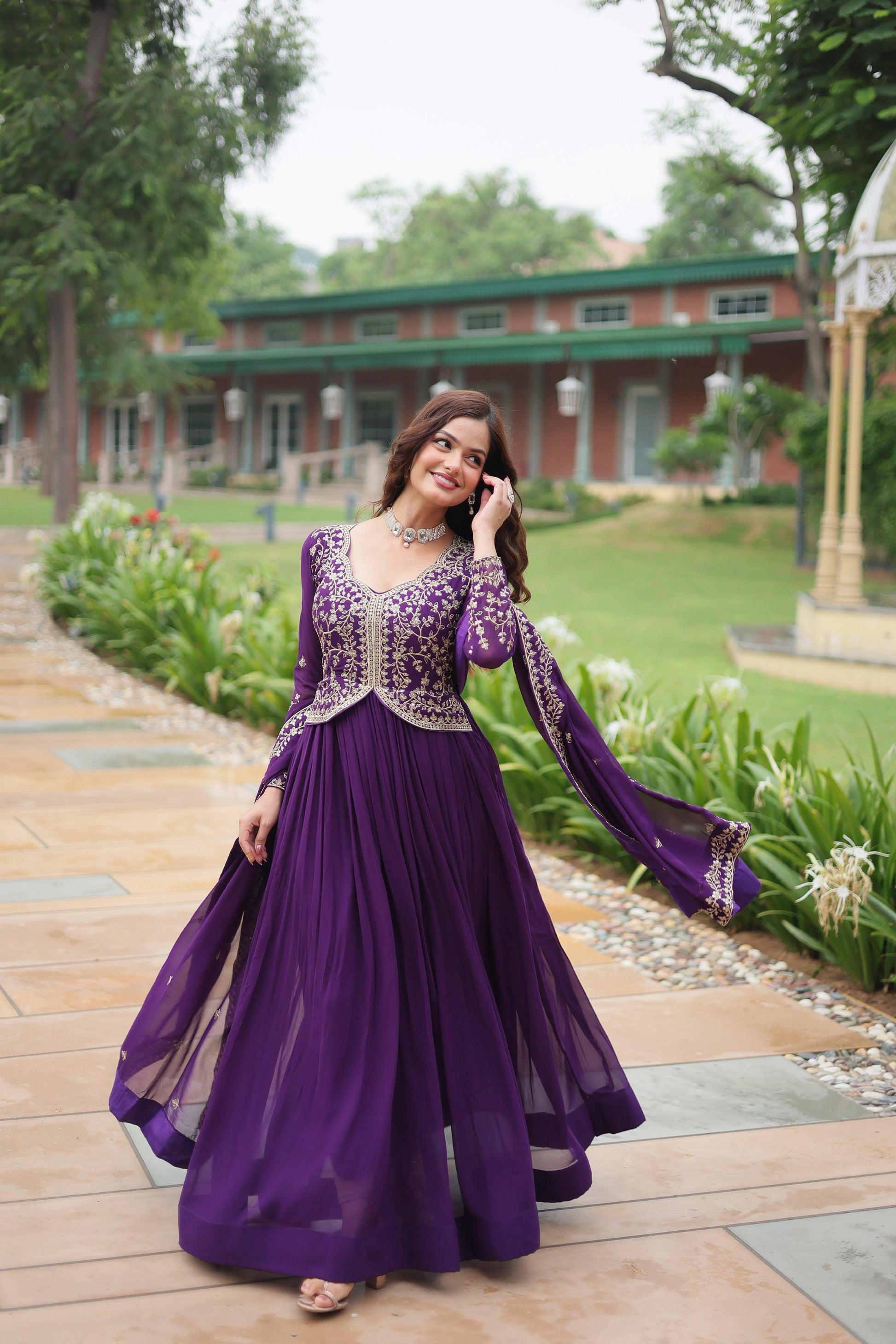 Jyoti Fashion Women's Purple Faux Blooming Sequins Zari Embroidered Long Anarkali Sets | Swadesiicart