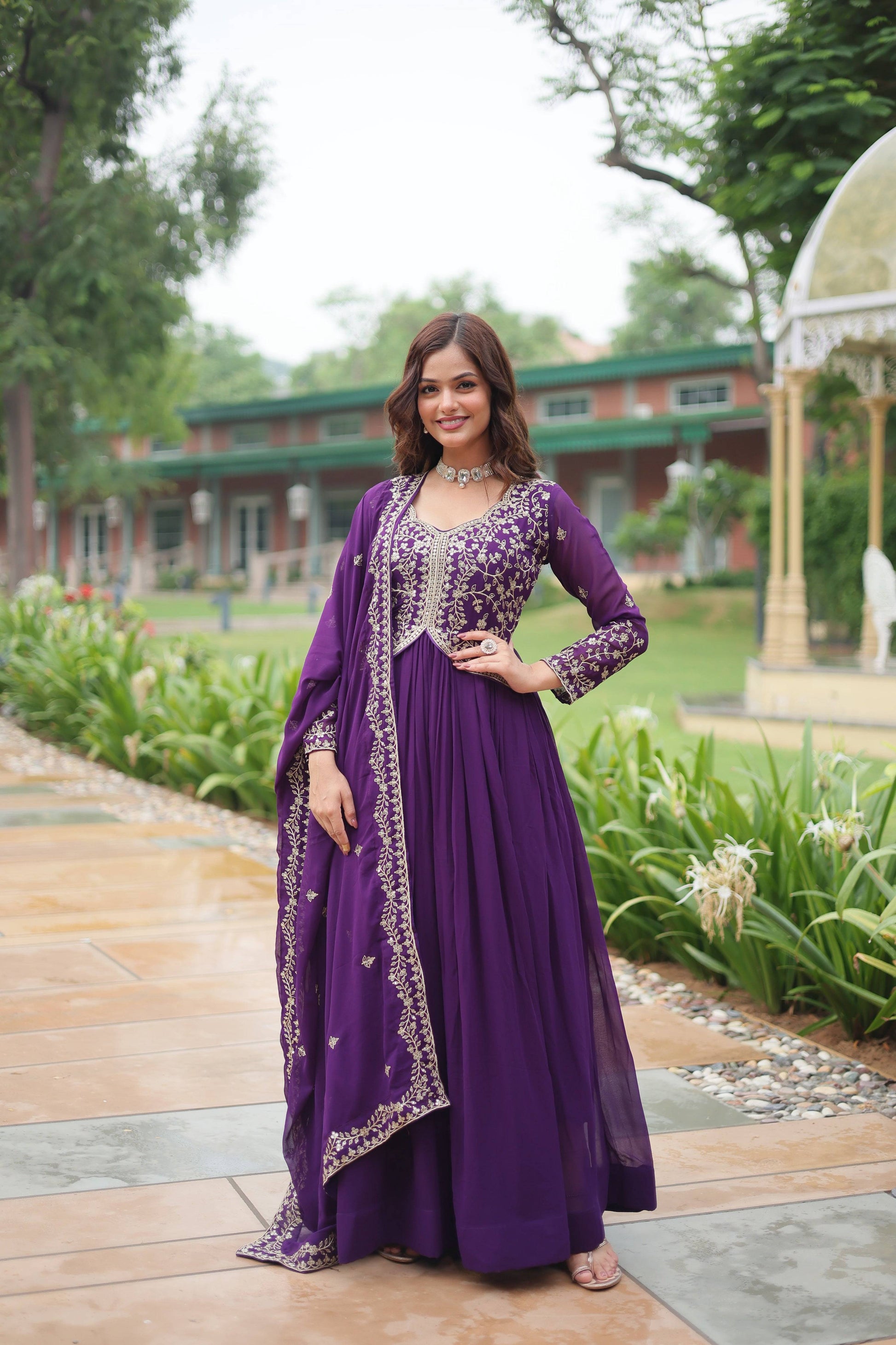 Jyoti Fashion Women's Purple Faux Blooming Sequins Zari Embroidered Long Anarkali Sets | Swadesiicart