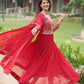Jyoti Fashion Women's Red Faux Blooming Sequins Zari Embroidered Long Anarkali Sets | Swadesiicart