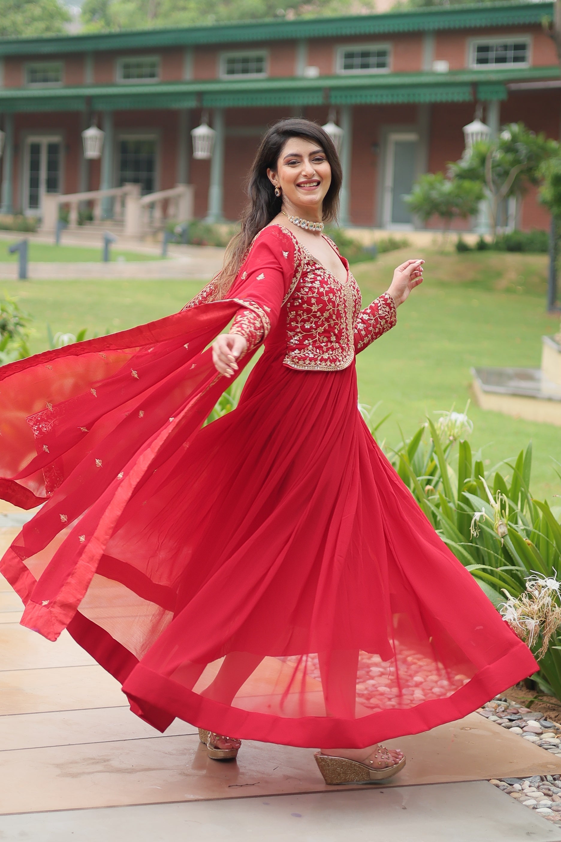 Jyoti Fashion Women's Red Faux Blooming Sequins Zari Embroidered Long Anarkali Sets | Swadesiicart