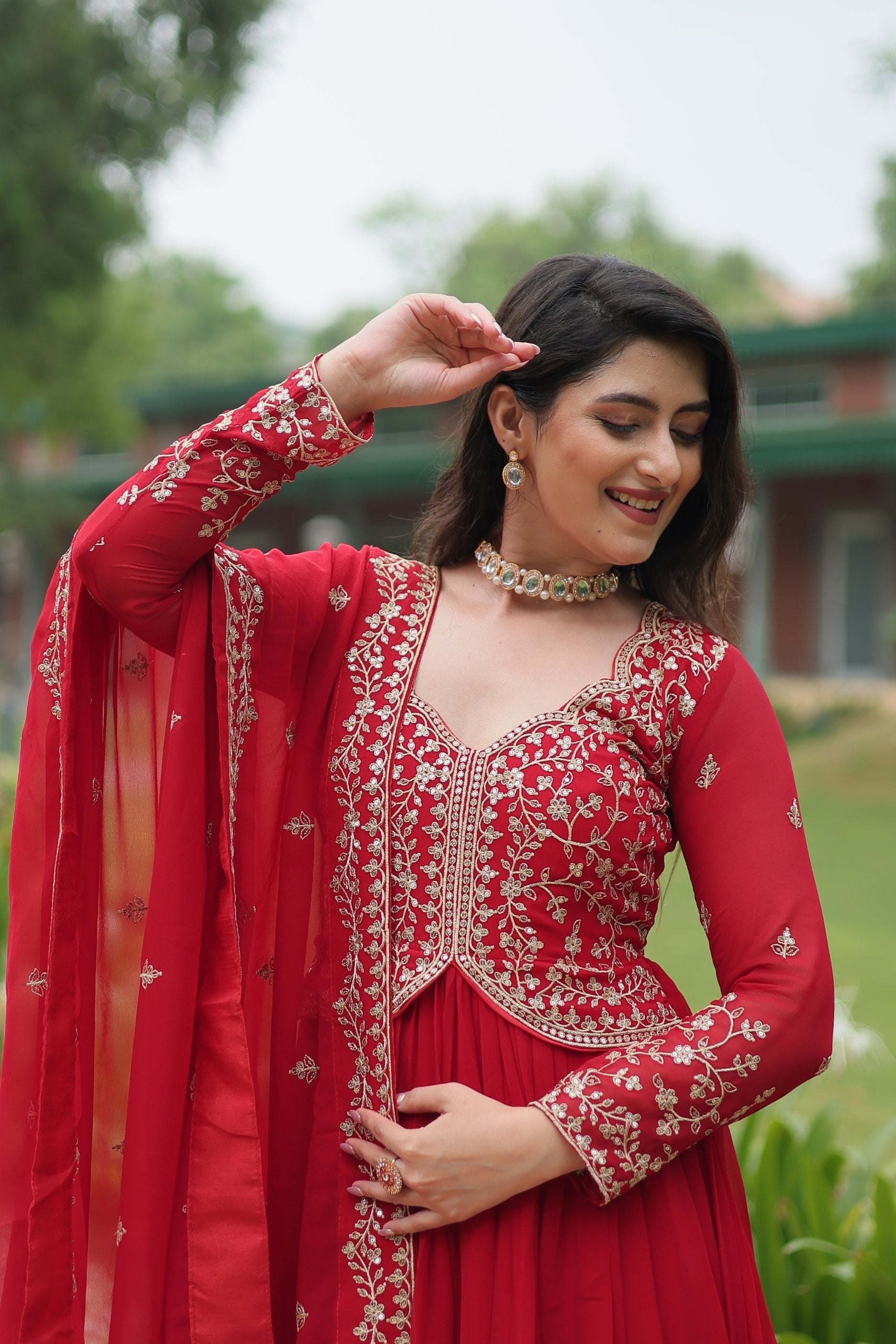 Jyoti Fashion Women's Red Faux Blooming Sequins Zari Embroidered Long Anarkali Sets | Swadesiicart