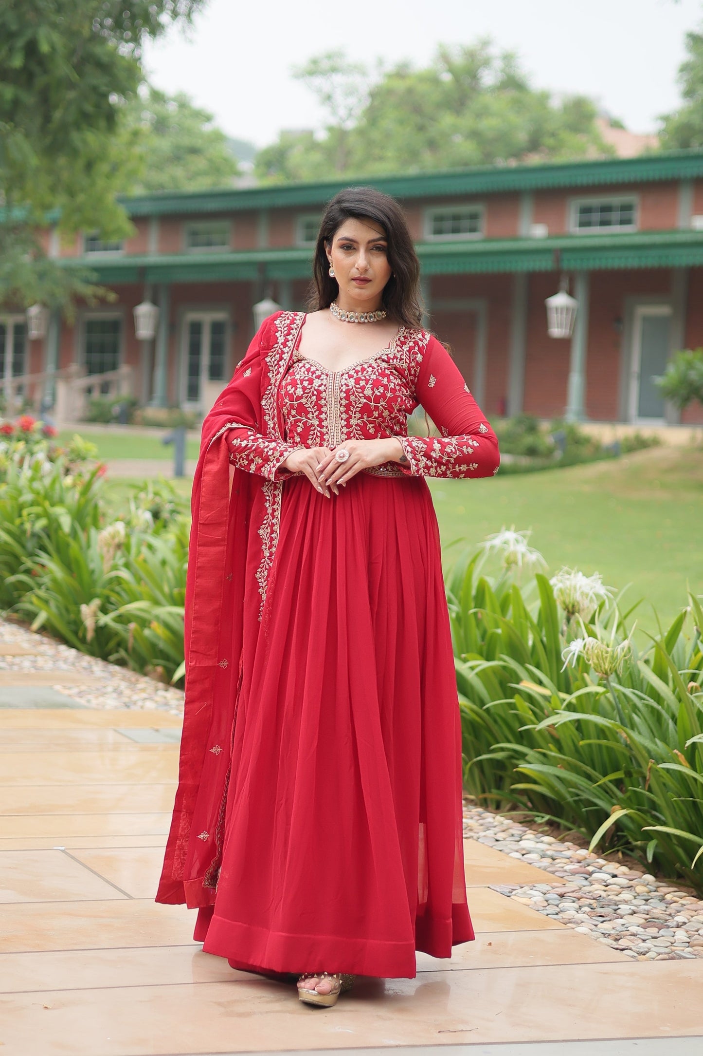 Jyoti Fashion Women's Red Faux Blooming Sequins Zari Embroidered Long Anarkali Sets | Swadesiicart