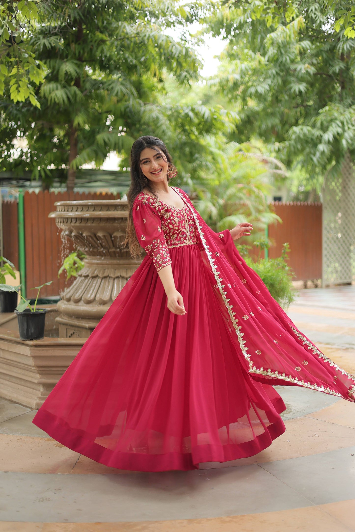Jyoti Fashion Women's Rani Pink Faux Blooming Sequins Zari Embroidered Long Anarkali Sets | Swadesiicart